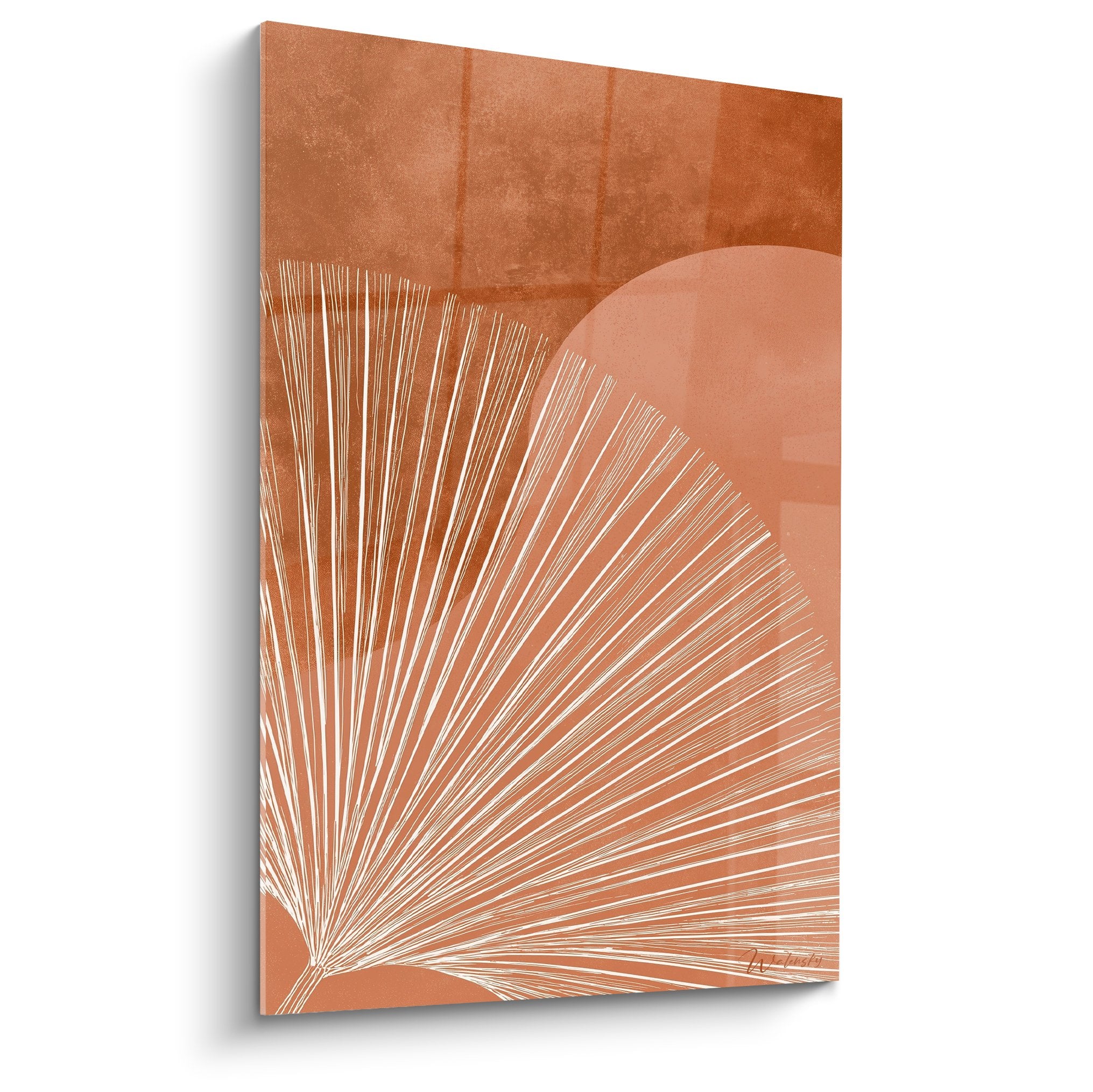 Tableau moderne éventail géométrique lignes blanches fond terracotta feng shui sud-ouest terre déco murale