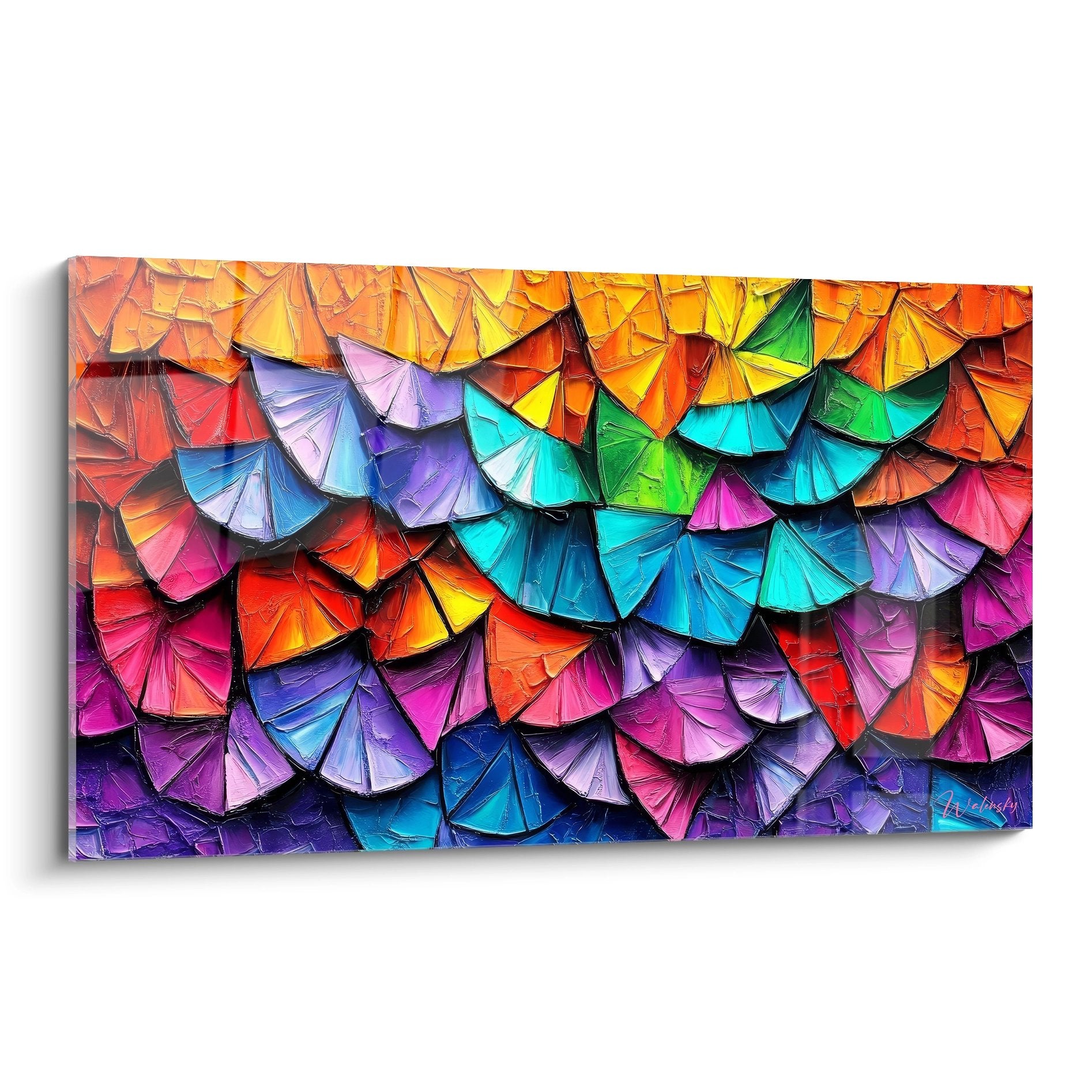 Tableau mural éventails colorés multicolore abstrait avec texture 3D relief art contemporain
