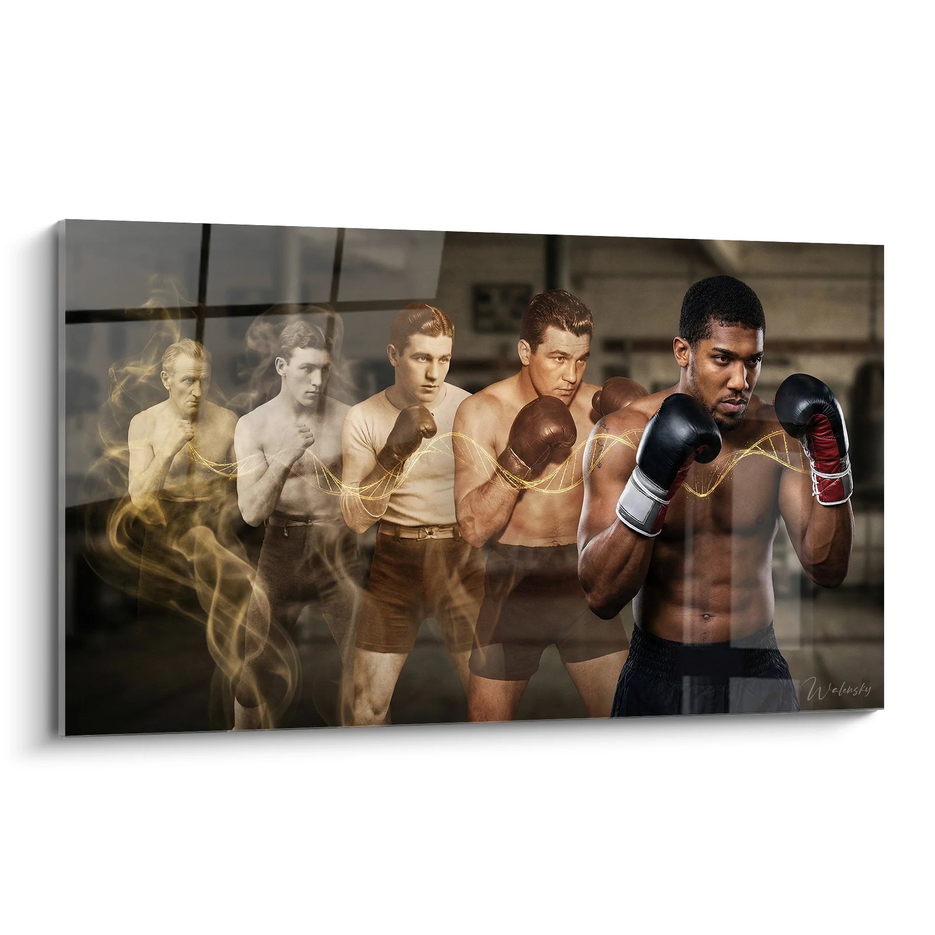 Tableau évolution champions boxe montrant progression temporelle des légendes du ring vers boxeur moderne