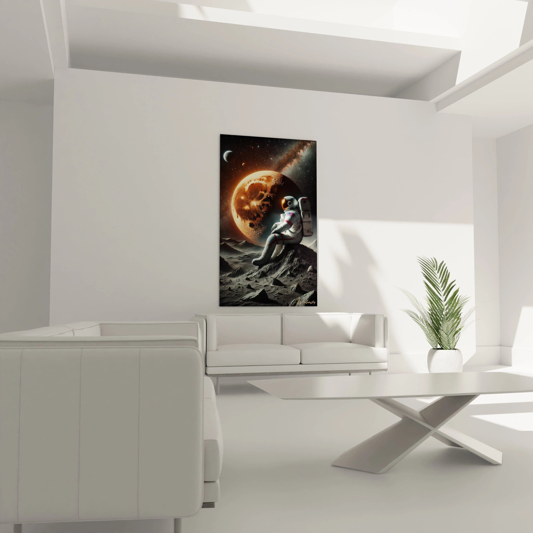 tableau dans un salon : Astronaute solitaire et nuées galactiques sur un tableau accroché au-dessus d’un canapé. Les teintes orange et noir captivent l’attention et enrichissent la pièce d’une aura futuriste.