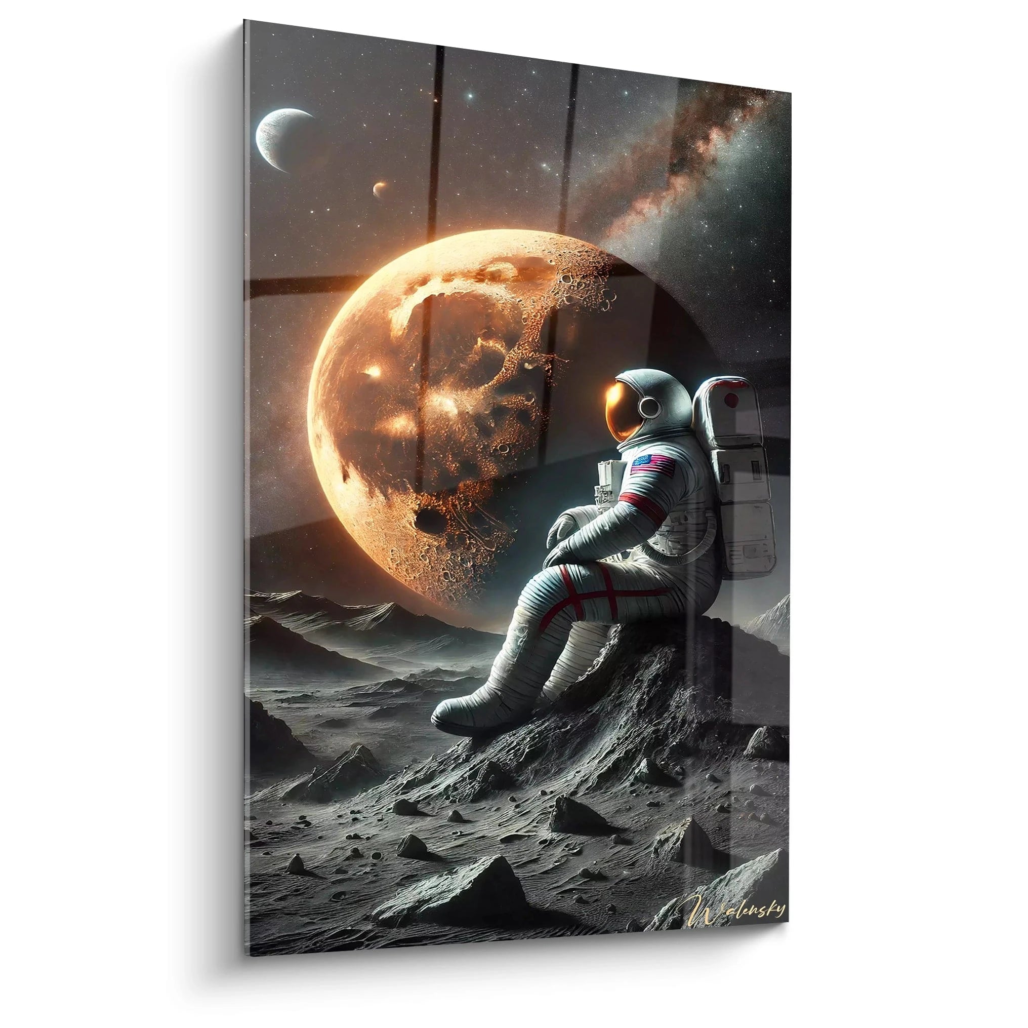 tableau vu de biais : Une œuvre captivante représentant un astronaute contemplant une planète éclatante dans l'immensité du cosmos. Contrastes saisissants entre nuances orange vibrantes et noir profond du vide.