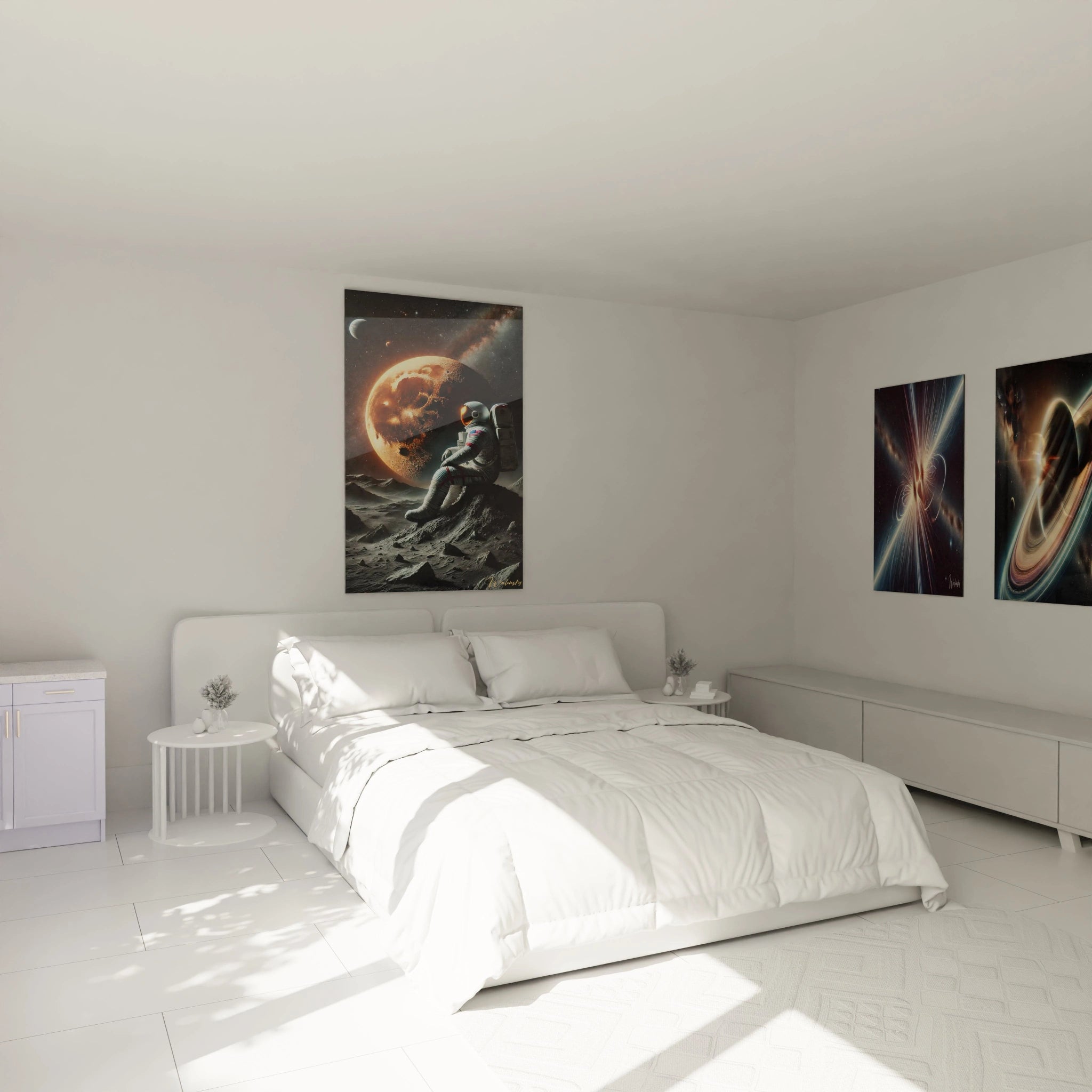 tableau dans une chambre : Tableau espace au-dessus d’un lit, créant une atmosphère de rêve interstellaire. L'astronaute isolé face à l’univers invite à l’introspection et à l’évasion dans un décor apaisant.