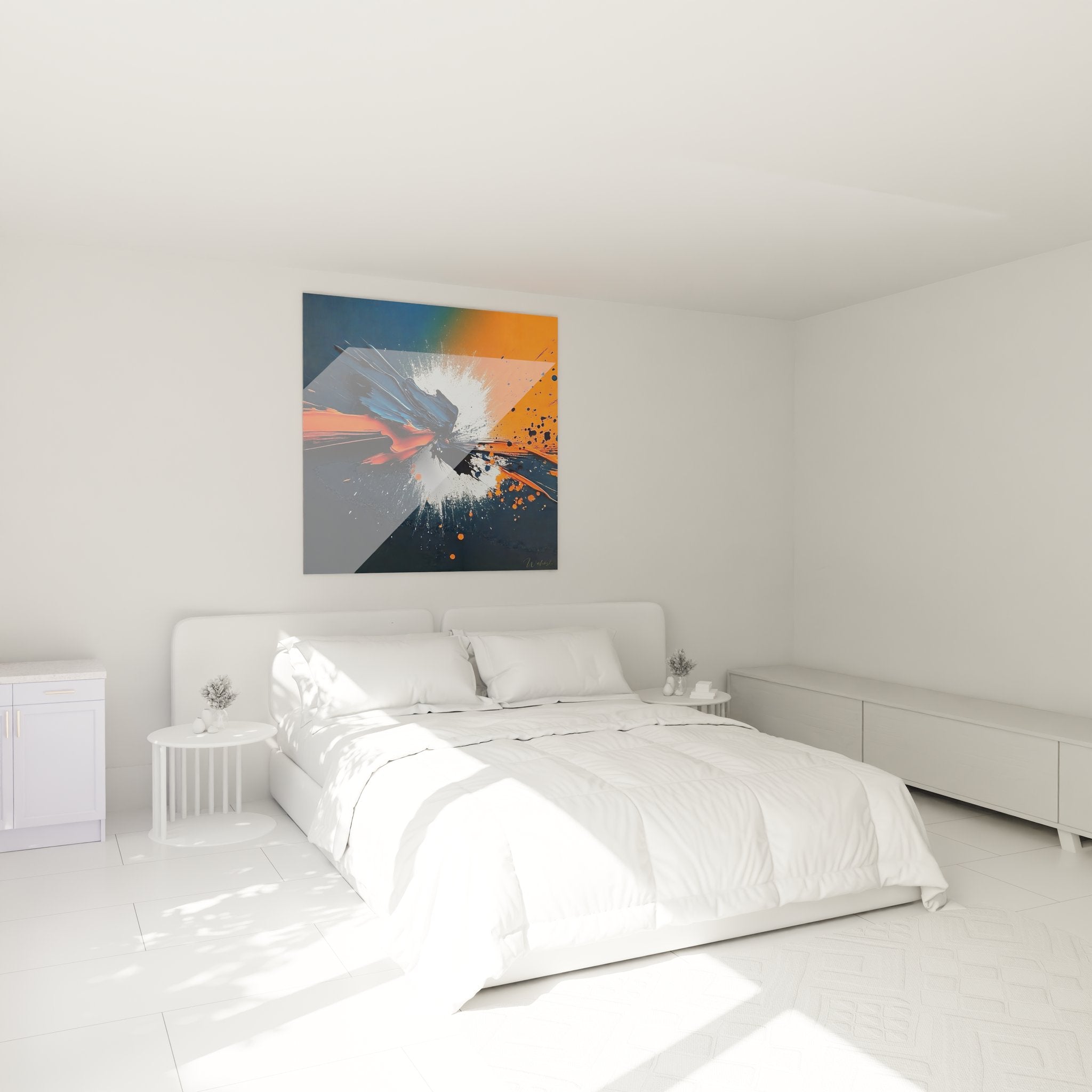 Tableau explosion abstraite dans chambre moderne, décoration murale design aux couleurs vives orange bleu
