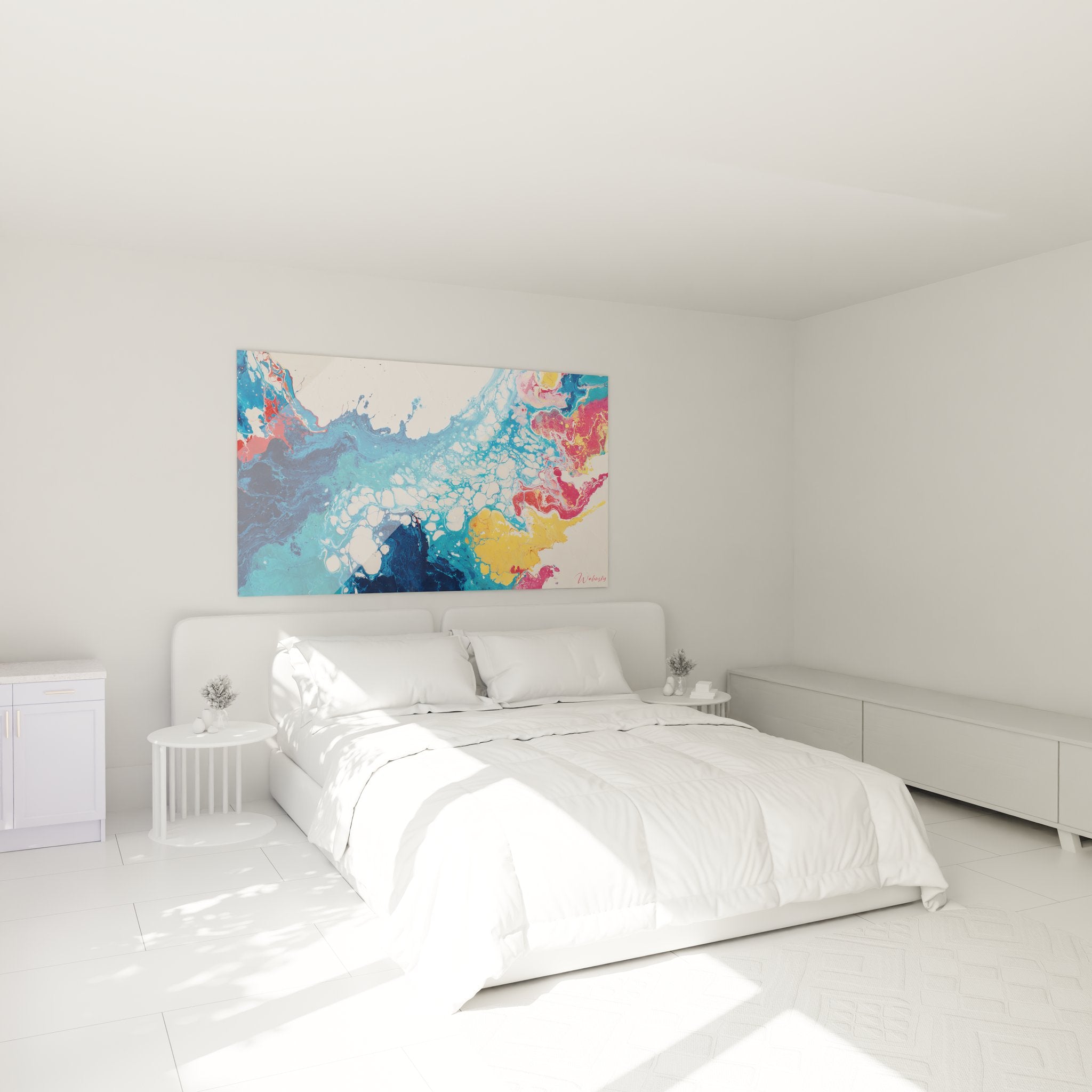 Tableau explosion abstraite colorée dans chambre moderne, décoration murale contemporaine