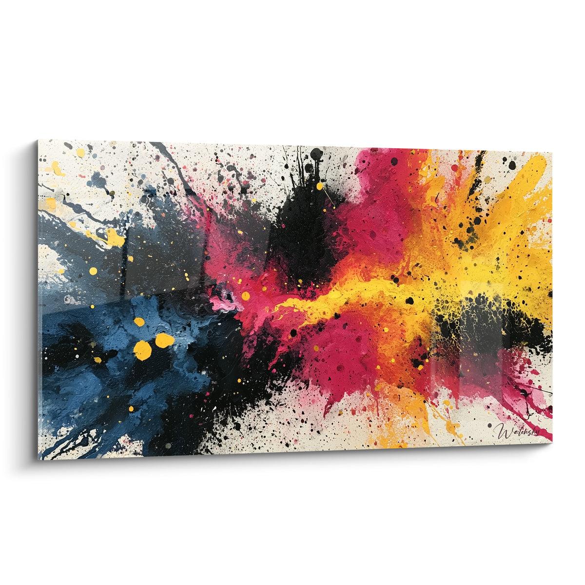 Explosion picturale bleu marine, rose fuchsia et jaune vif sur fond crème éclaboussé de noir