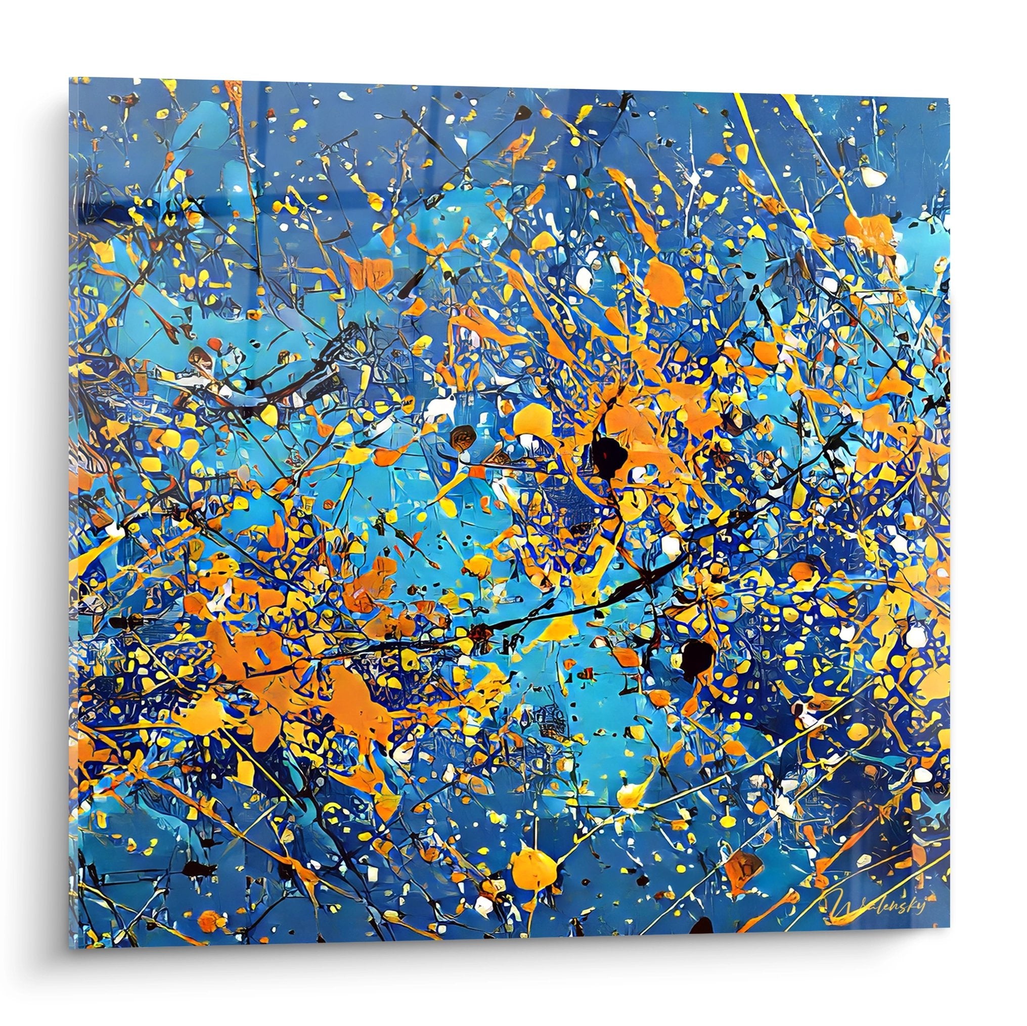 Tableau mural explosion colorée style abstrait avec éclaboussures bleues et oranges