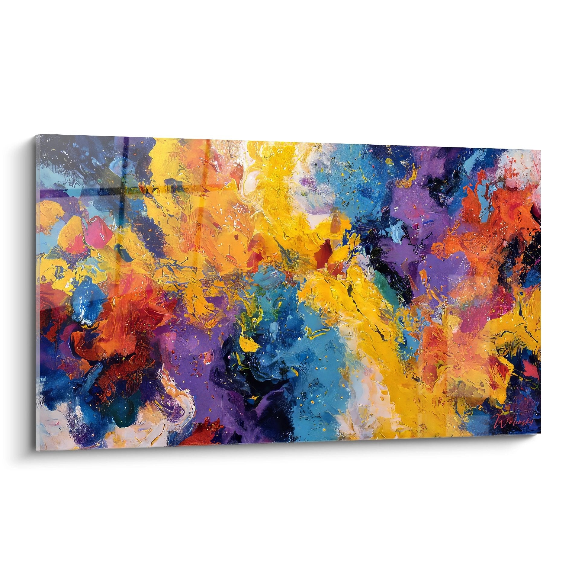Tableau mural explosion colorée abstraite avec couleurs vives jaune bleu violet orange