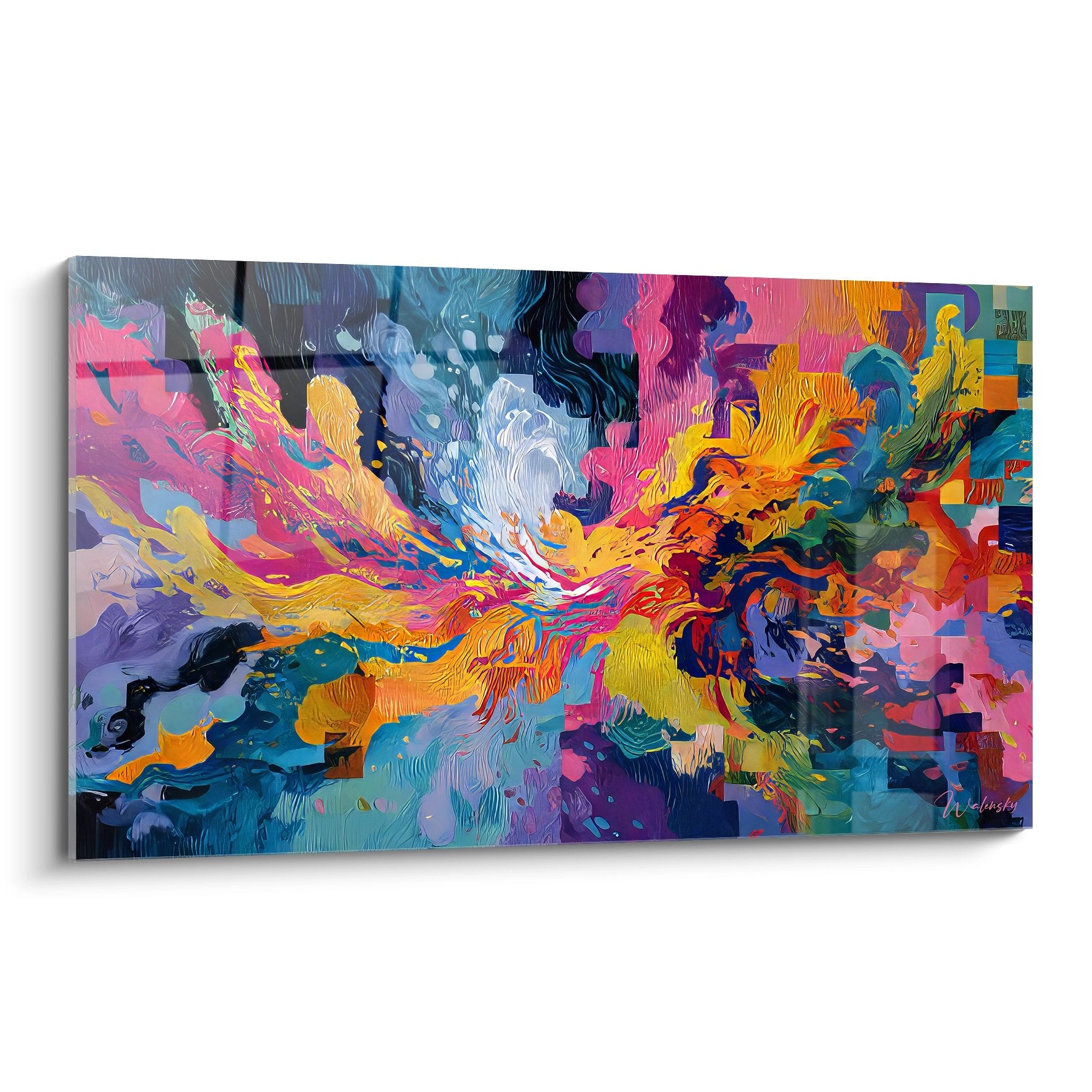 Tableau explosion colorée abstraite avec tempête de couleurs vives roses bleus jaunes oranges style moderne