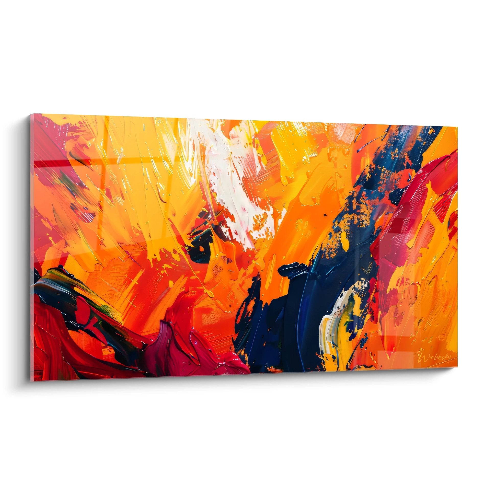 Tableau mural explosion colorée abstraite tons chauds orange rouge bleu peinture moderne