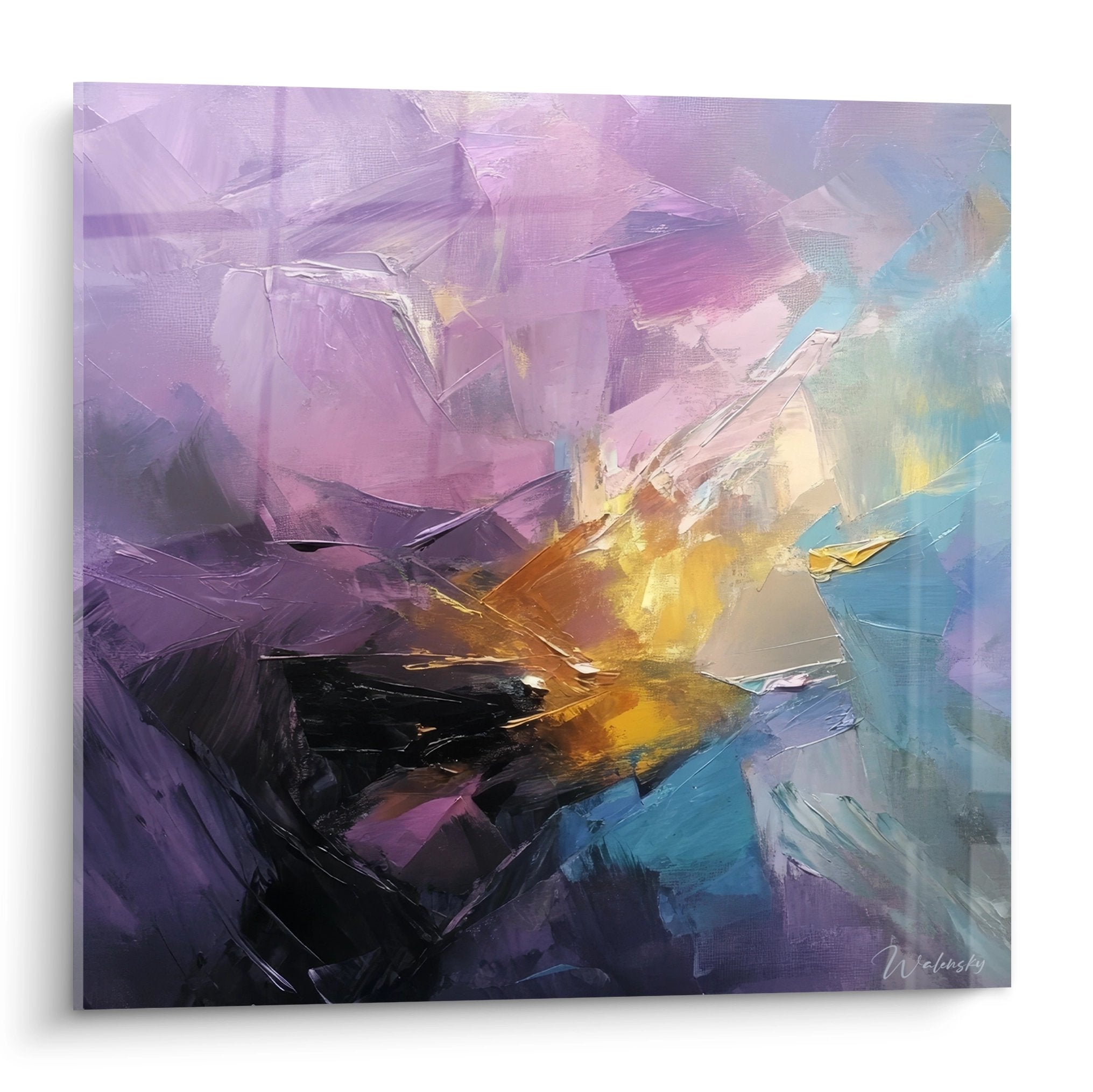 Tableau explosion colorée abstraite violet bleu or, peinture moderne murale style abstrait Walensky
