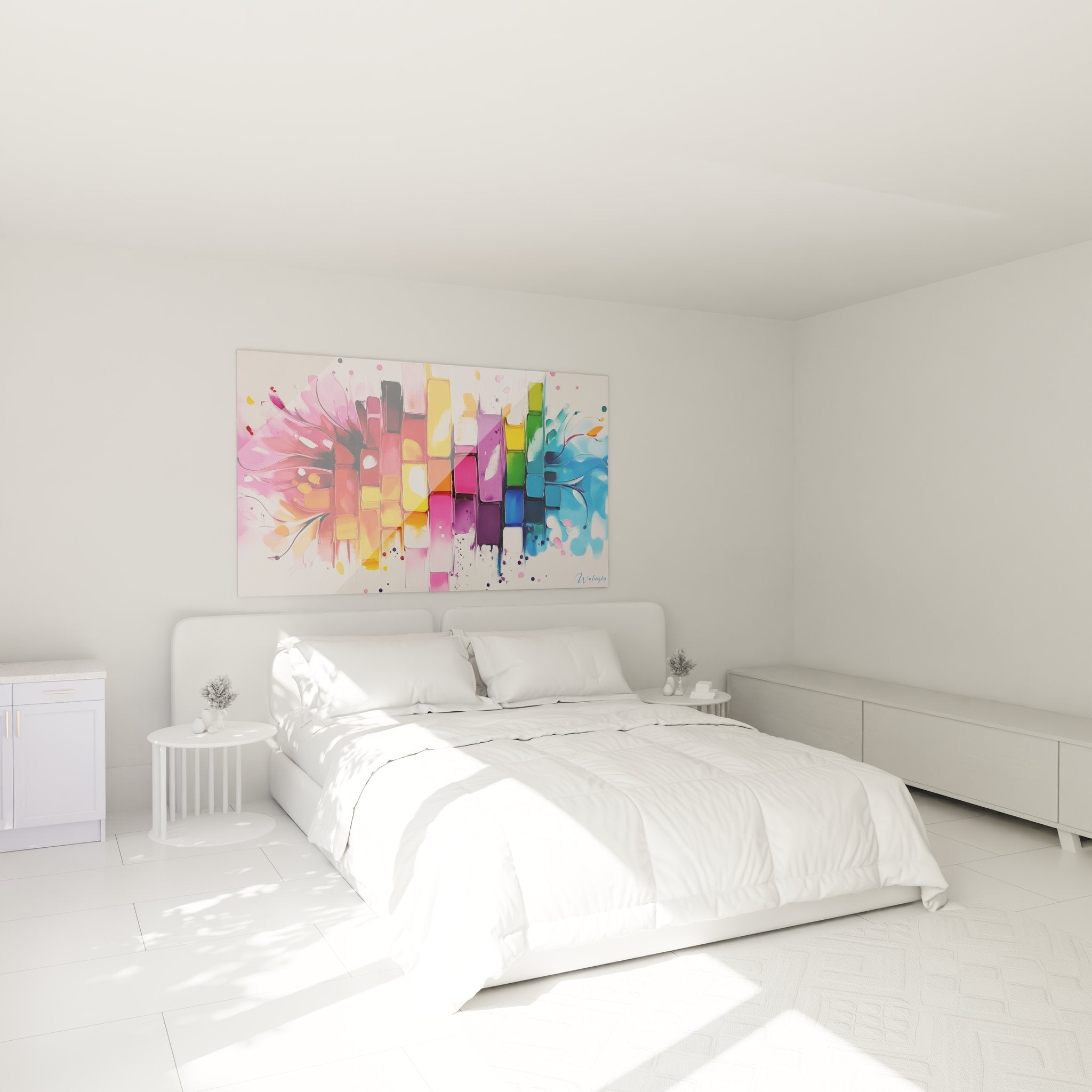 Tableau explosion colorée géométrique décorant une chambre moderne avec ambiance contemporaine