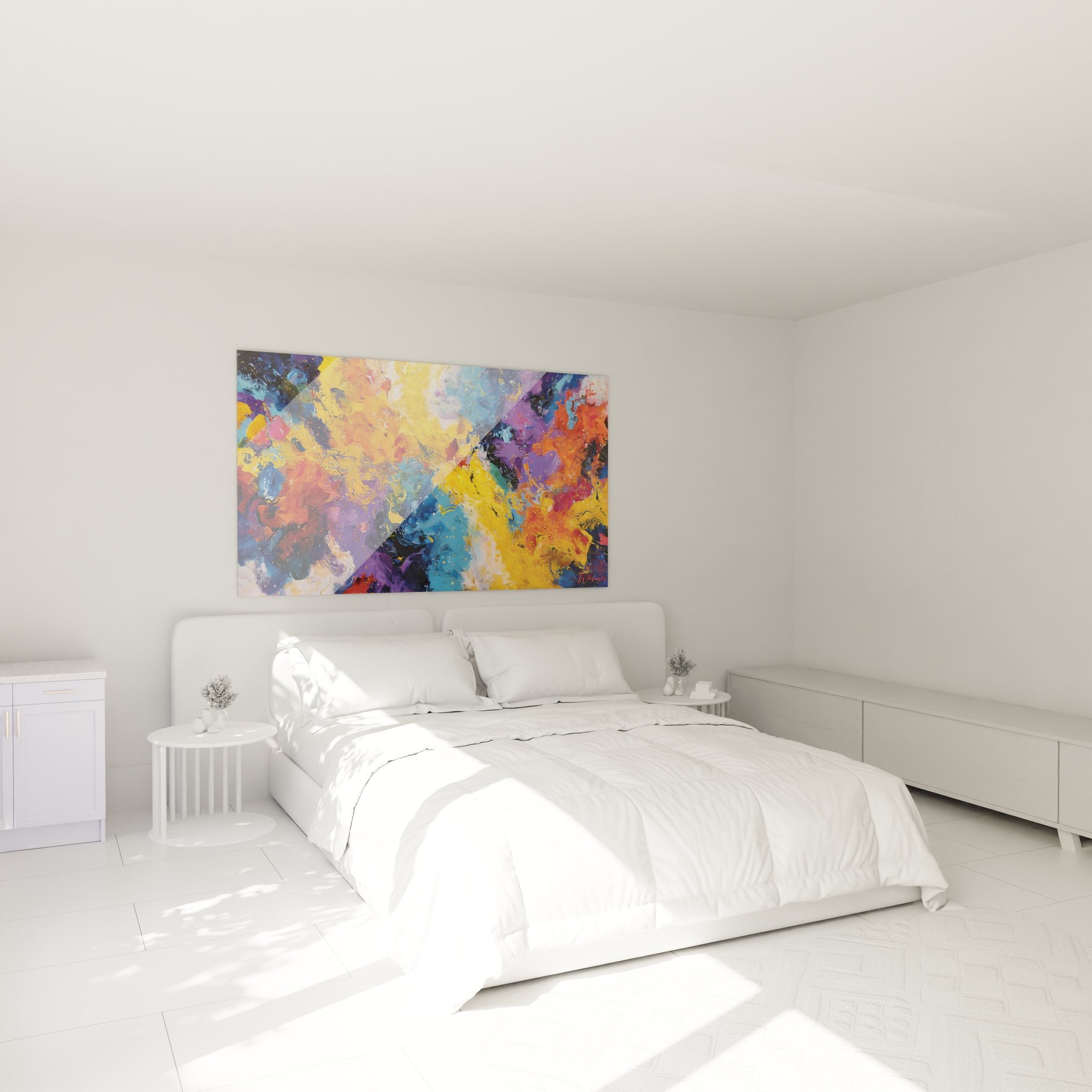 Tableau explosion colorée abstraite moderne décorant une chambre contemporaine