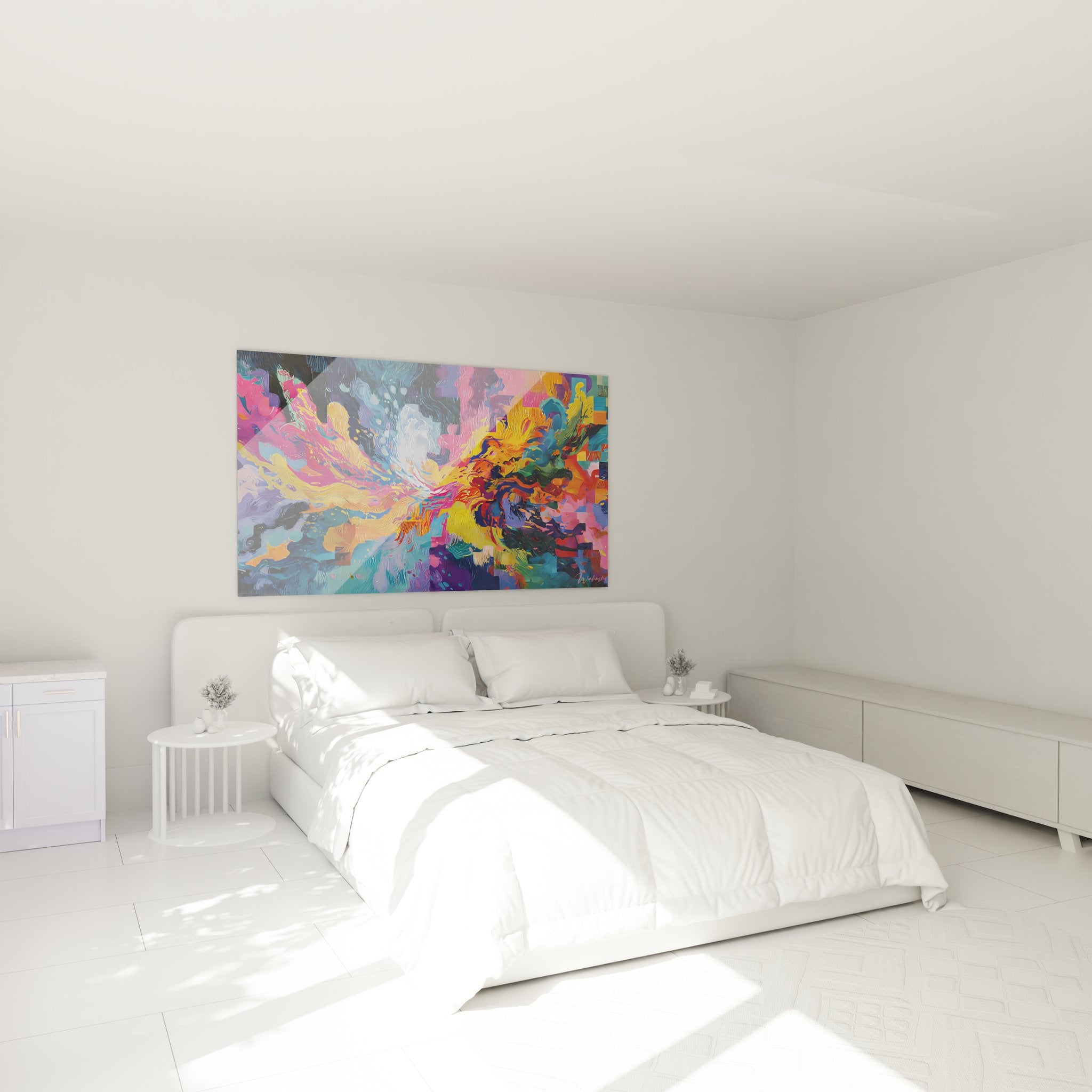 Tableau mural explosion colorée abstraite dans chambre moderne décoration murale contemporaine