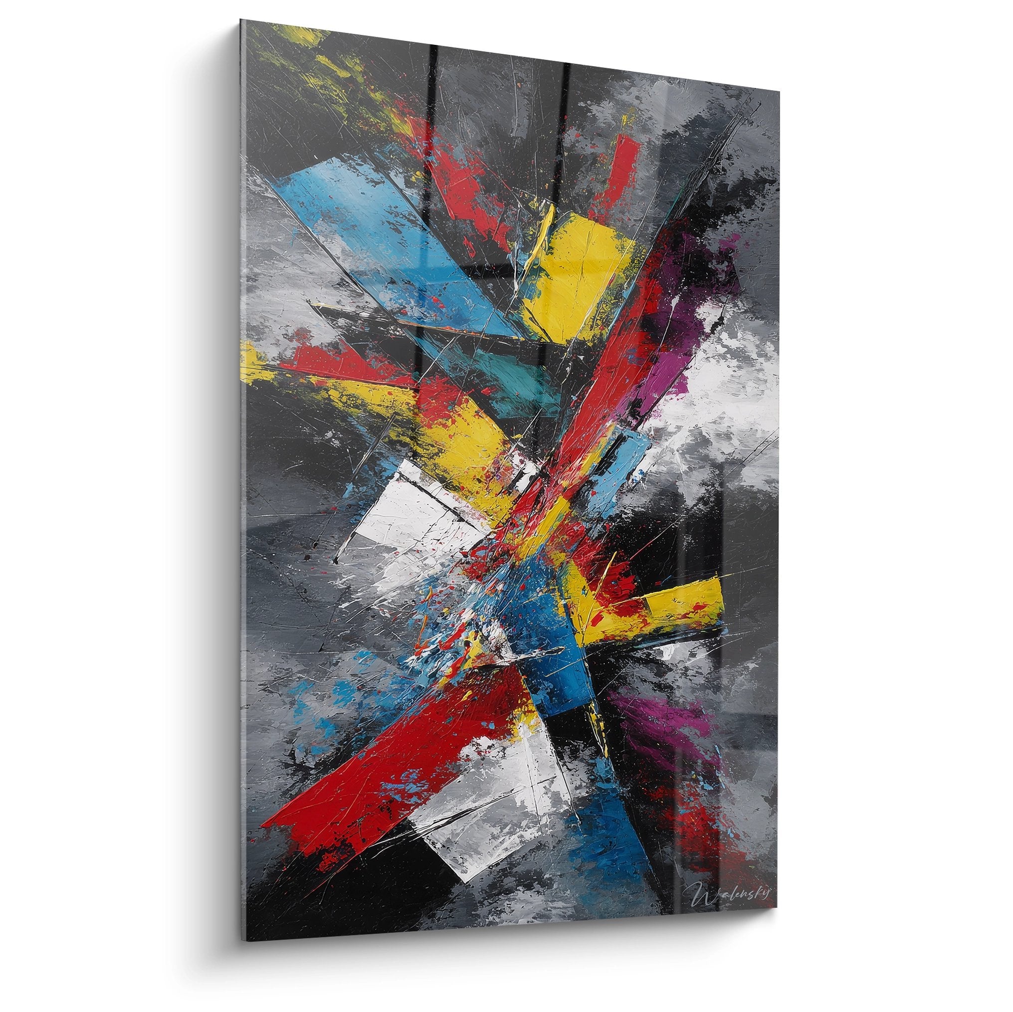 Tableau mural explosion colorée géométrique abstrait moderne aux couleurs vives bleu rouge jaune