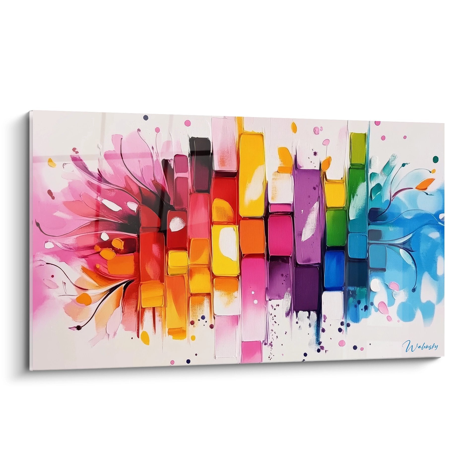 Tableau mural explosion colorée géométrique abstrait avec cubes multicolores et projections dynamiques