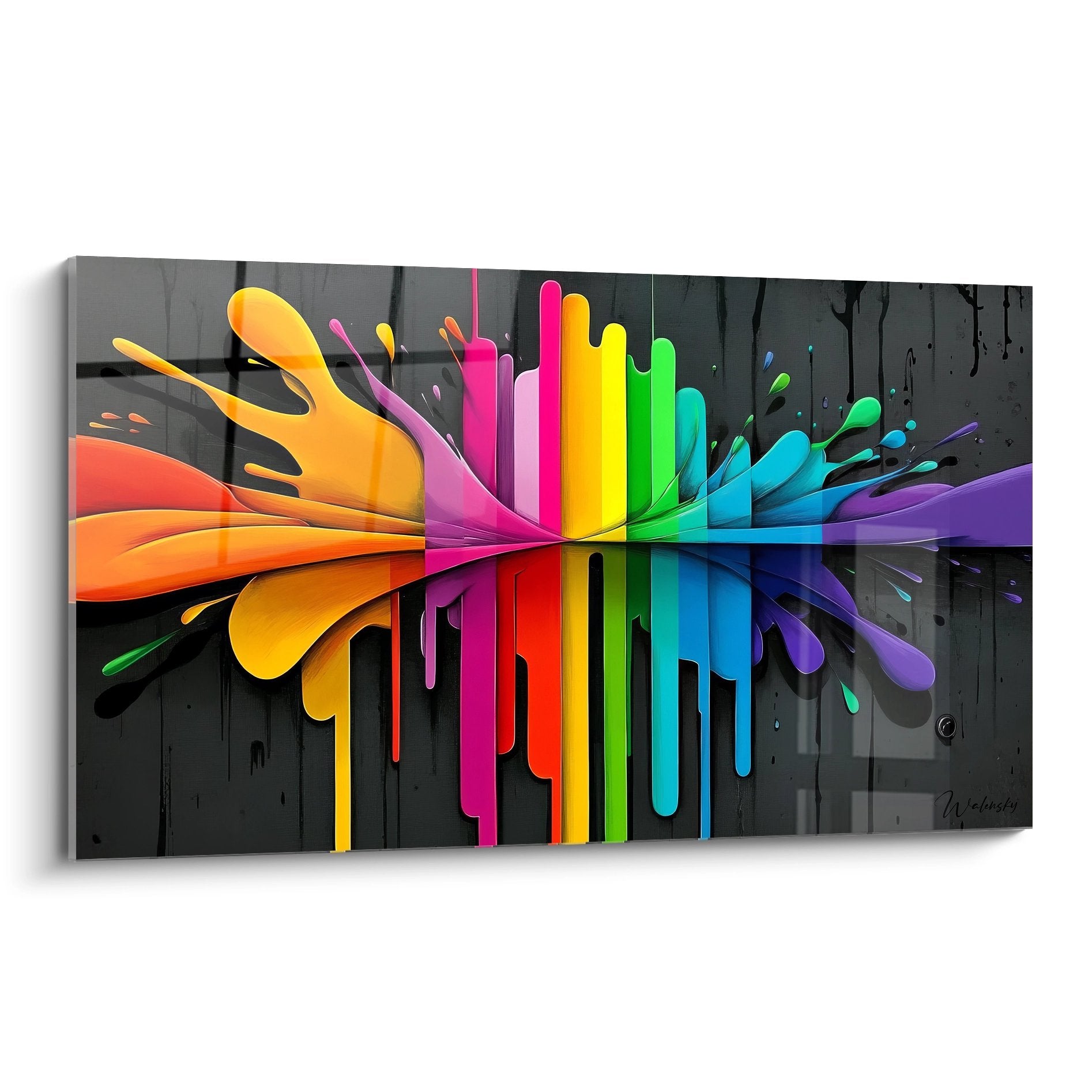 Tableau explosion colorée multicolore abstrait sur fond sombre, art mural contemporain