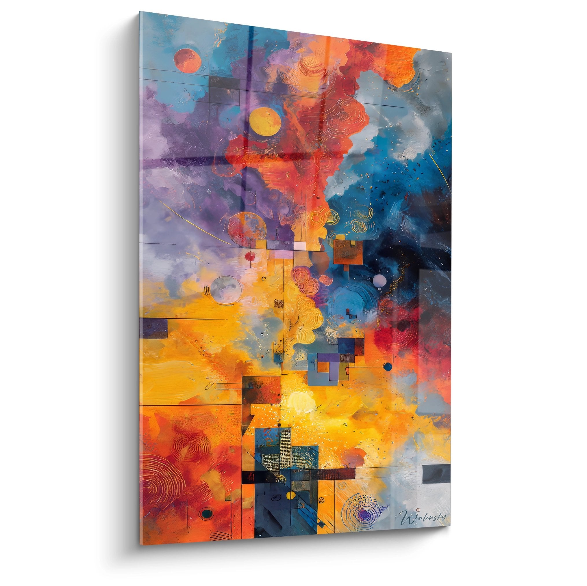 Tableau mural explosion cosmique géométrique abstrait aux couleurs vives oranges bleus violets