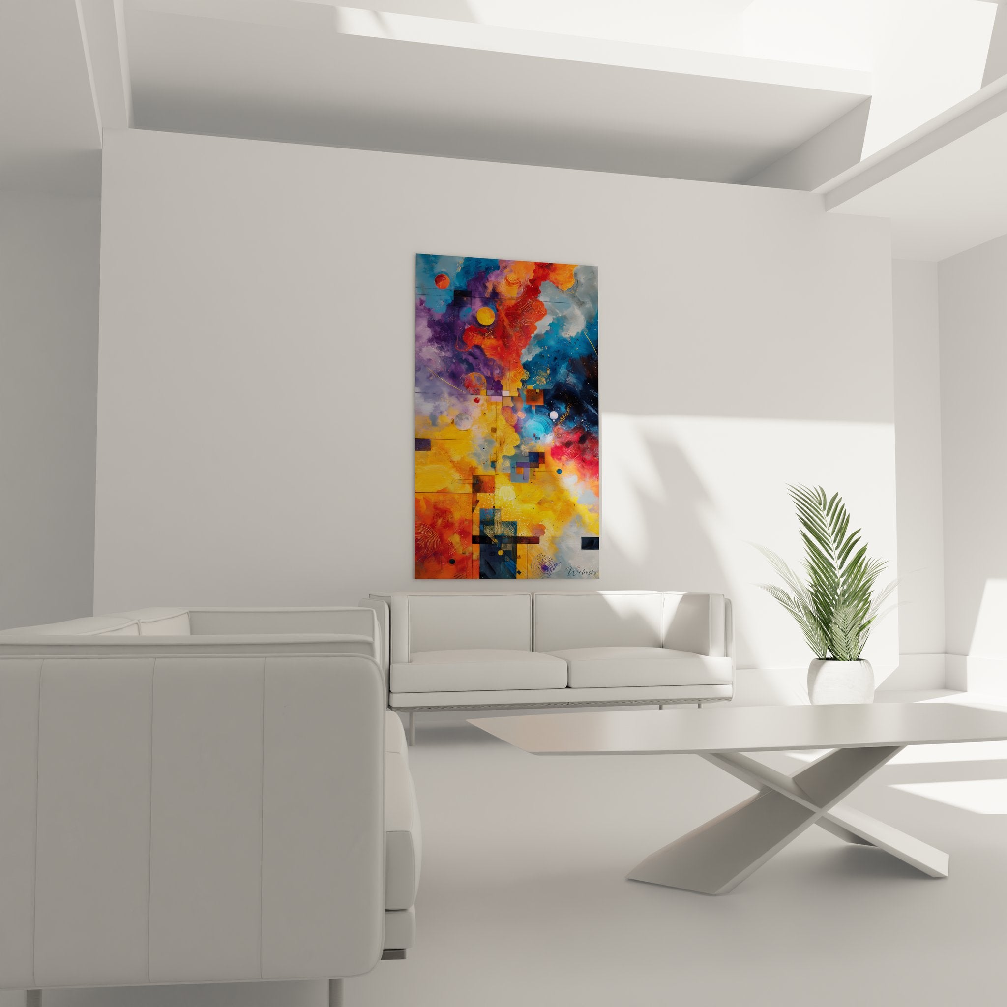 Détail tableau géométrique abstrait explosion cosmique textures couleurs oranges dorées