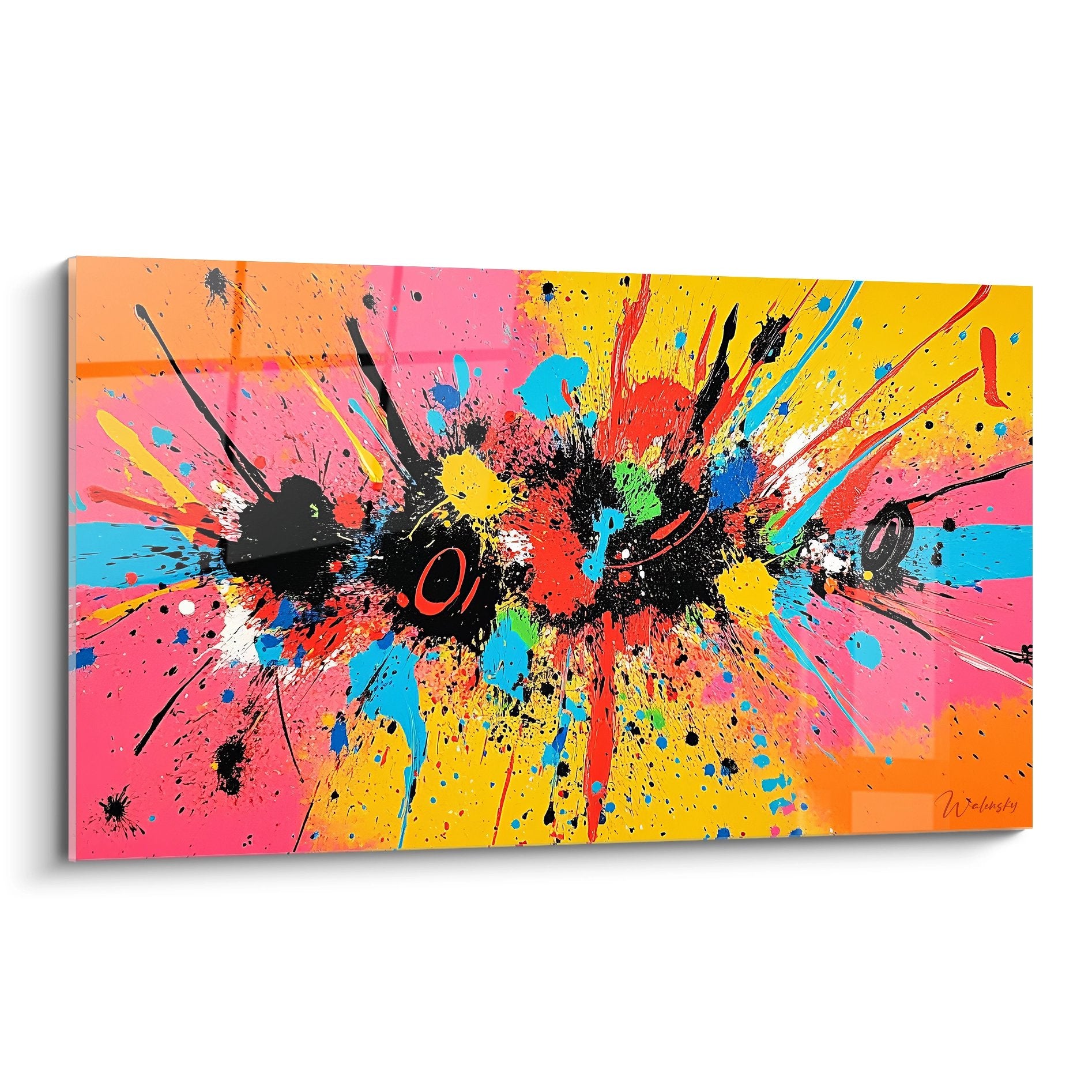 Tableau explosion couleurs style abstrait avec projections multicolores sur fond noir
