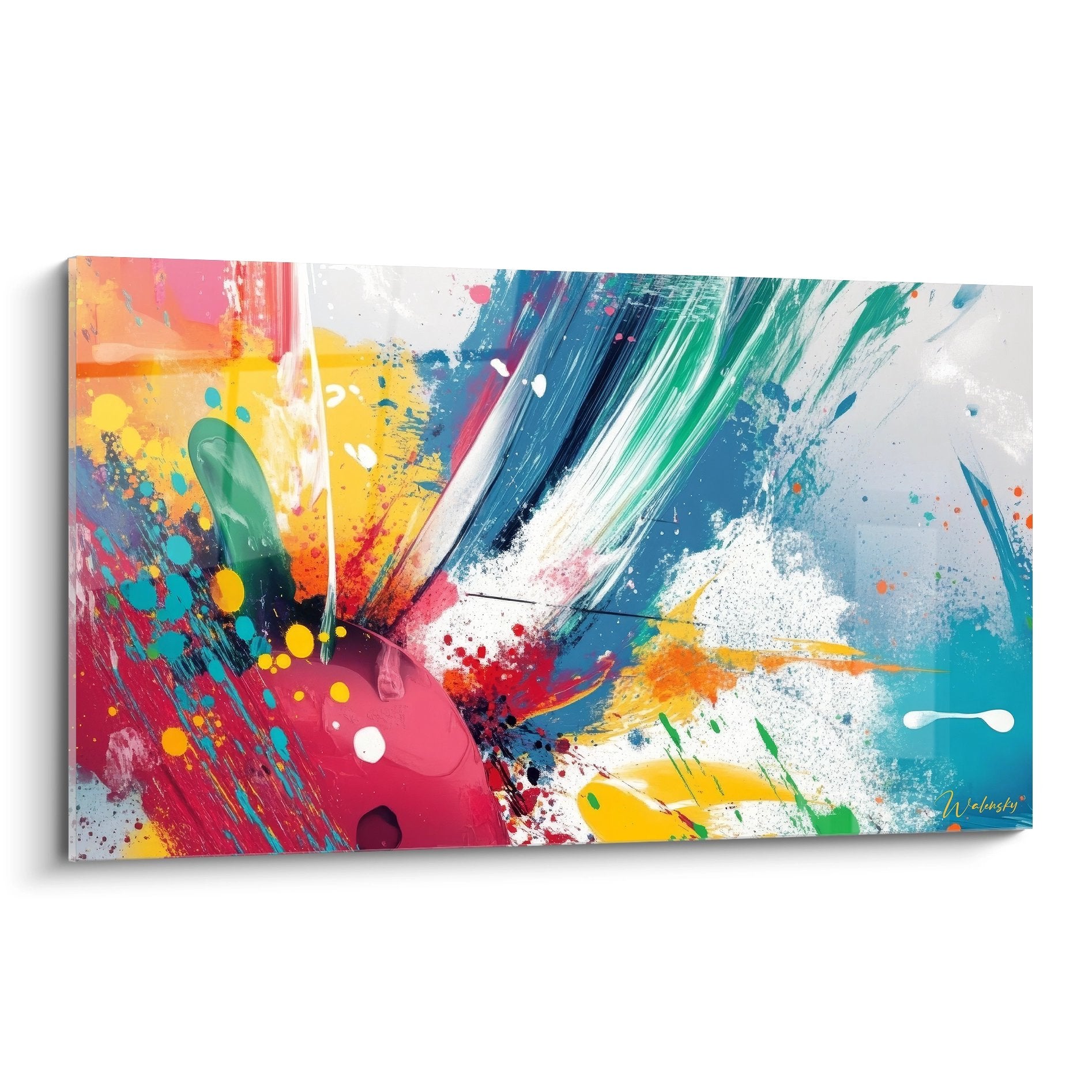 Tableau abstrait explosion de couleurs vives avec éclaboussures de peinture multicolores sur toile moderne