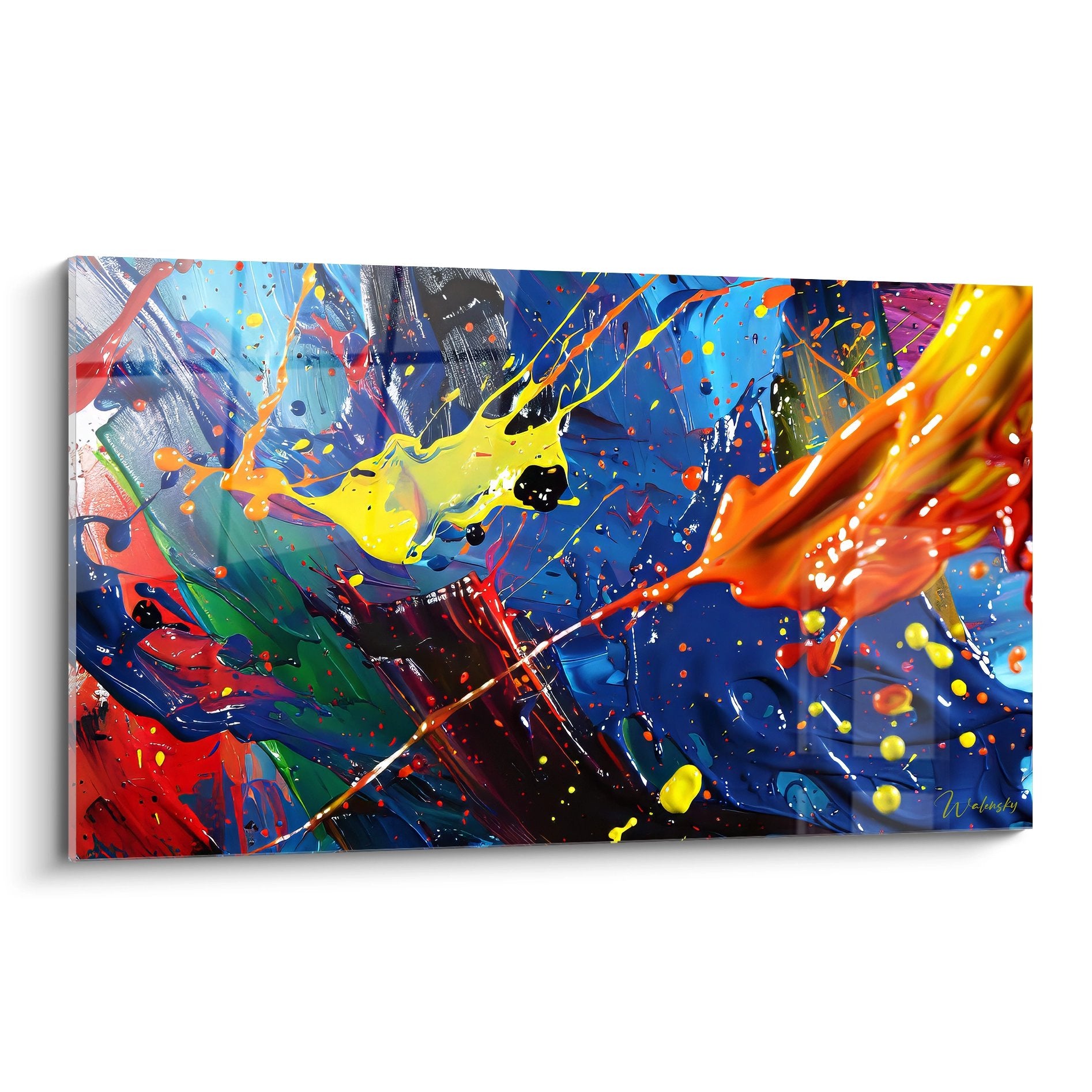 Tableau abstrait explosion de couleurs vives avec éclaboussures de peinture bleue, jaune et orange