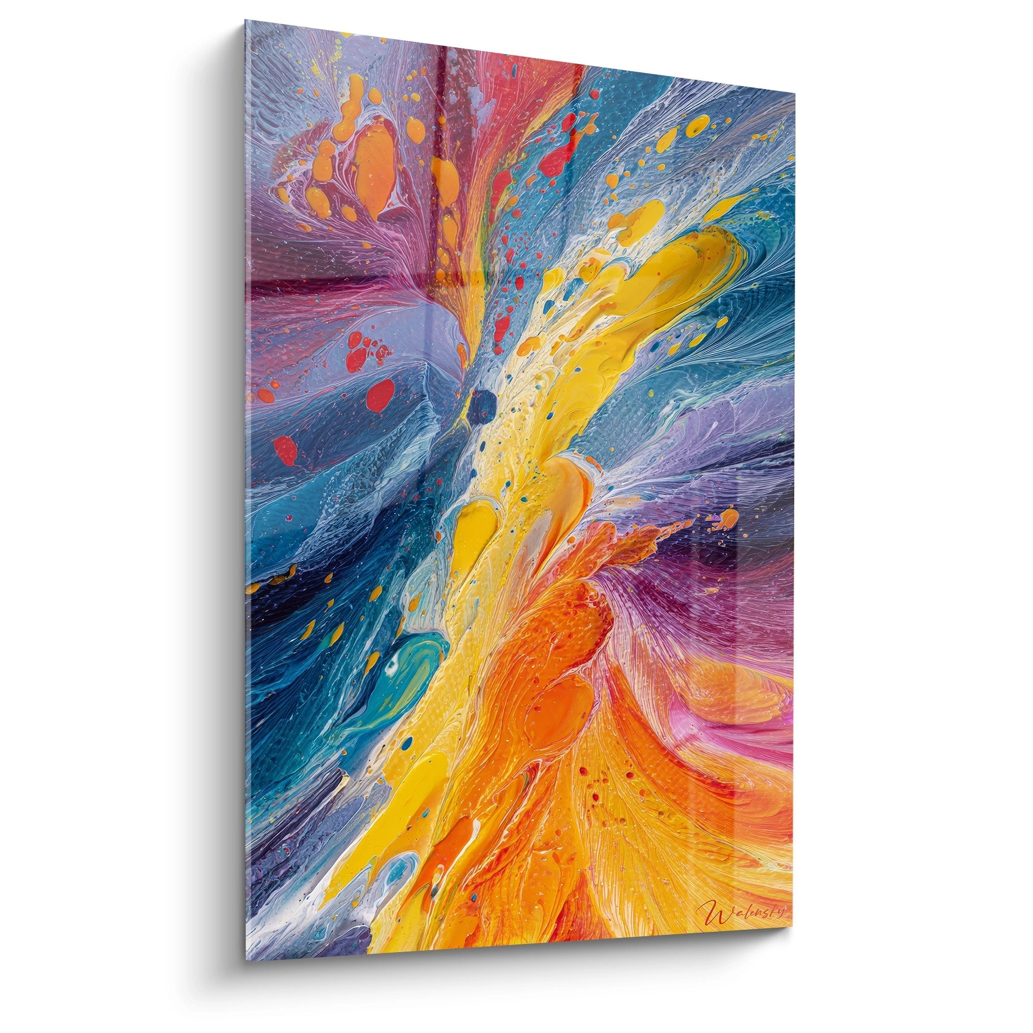 Tableau explosion couleurs abstraites jaune bleu rouge peinture moderne décorative murale