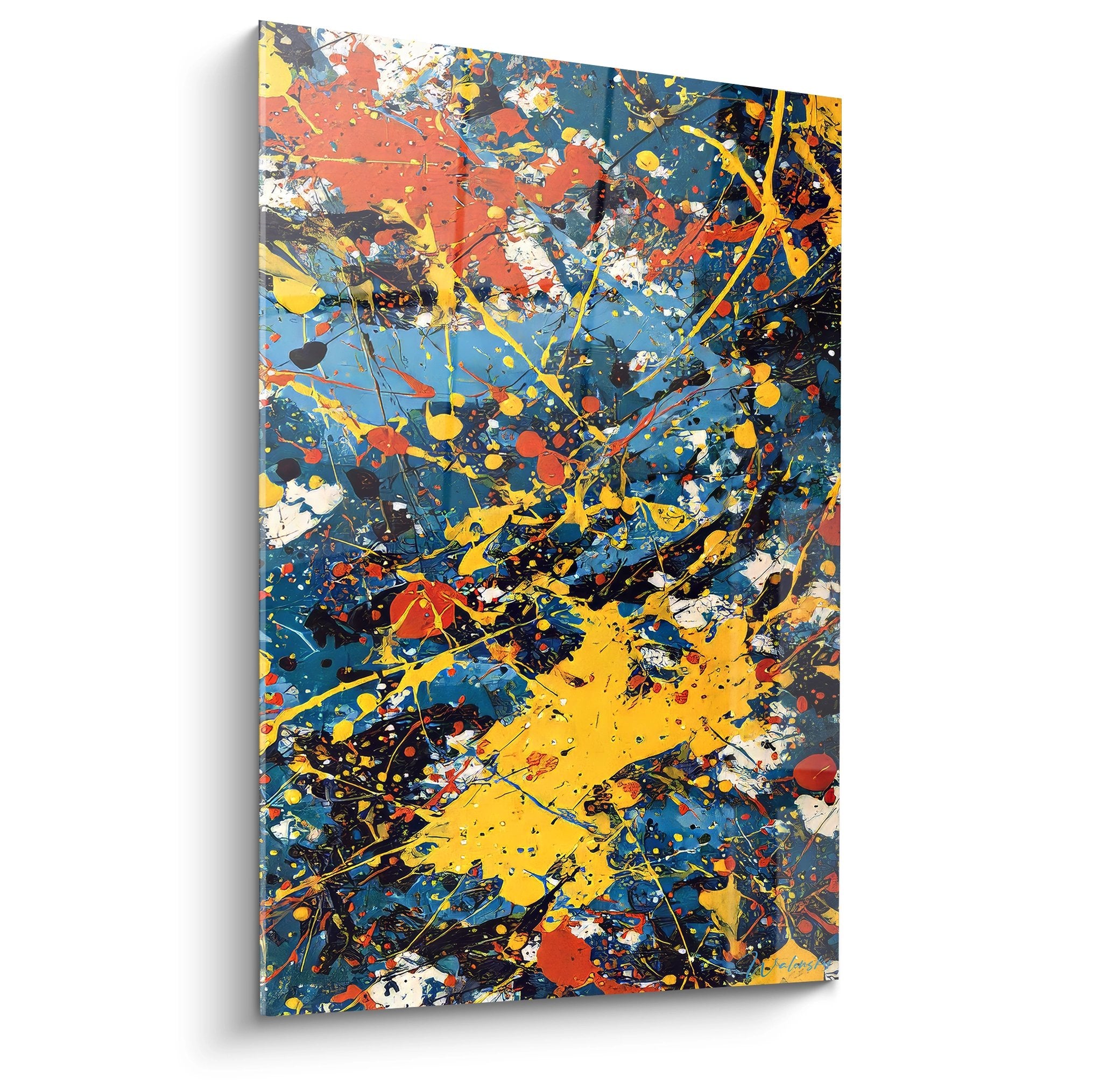 Tableau explosion couleurs abstraite jaune bleu rouge art contemporain mural moderne