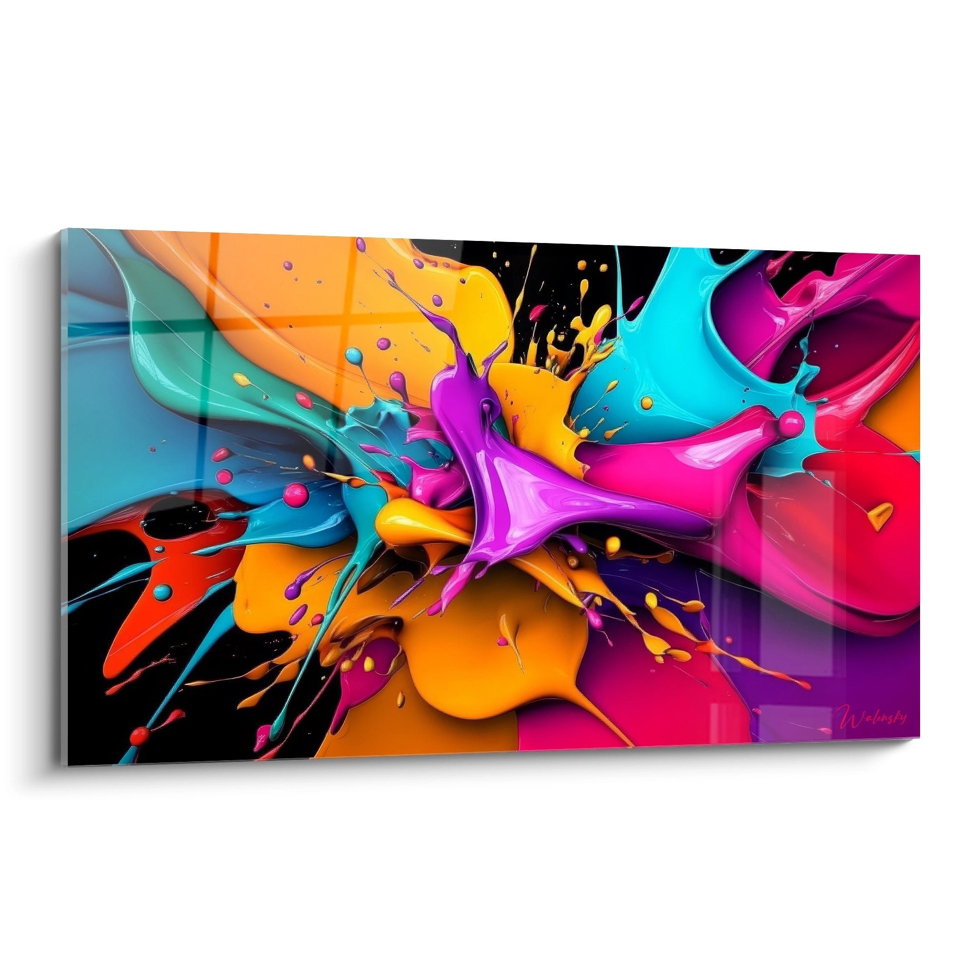 Tableau explosion couleurs abstraites éclaboussures vibrantes bleu orange violet