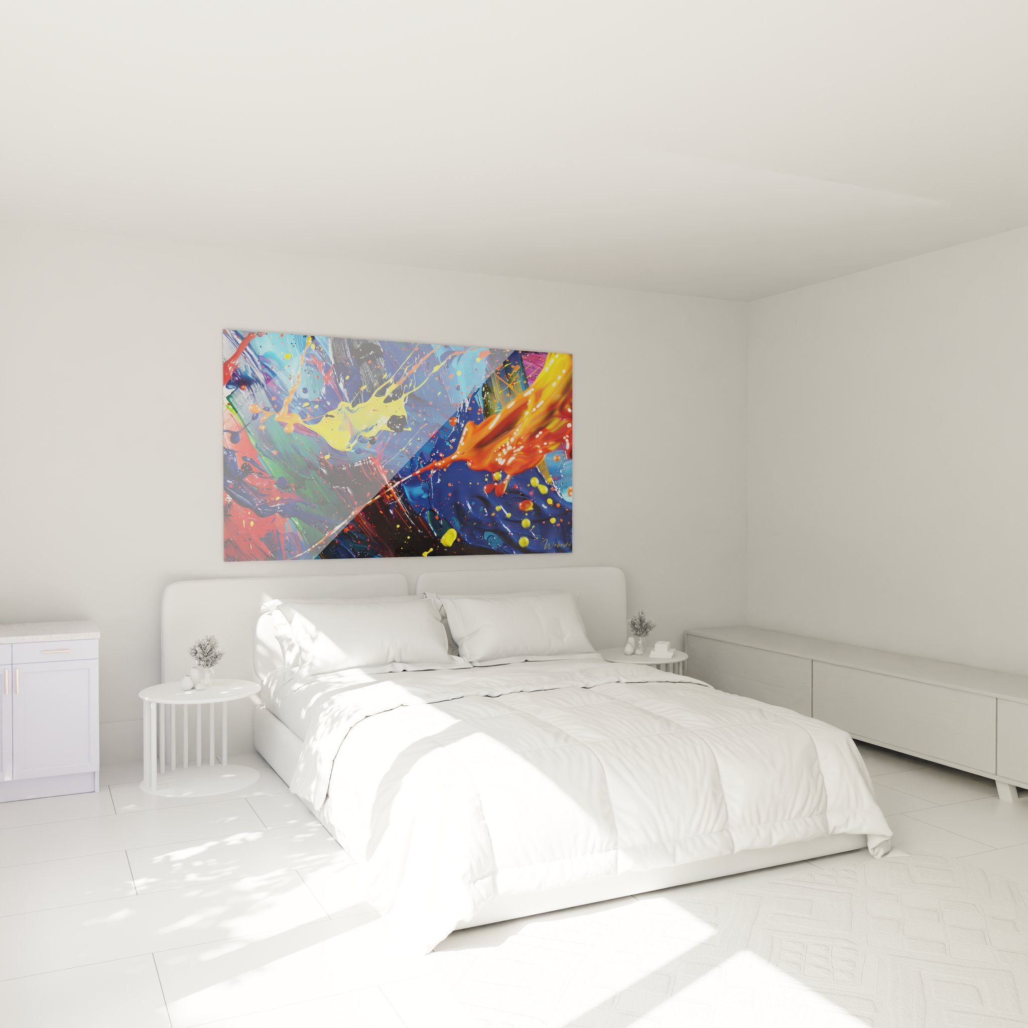 Tableau mural explosion de couleurs abstraites dans une chambre moderne avec décoration contemporaine