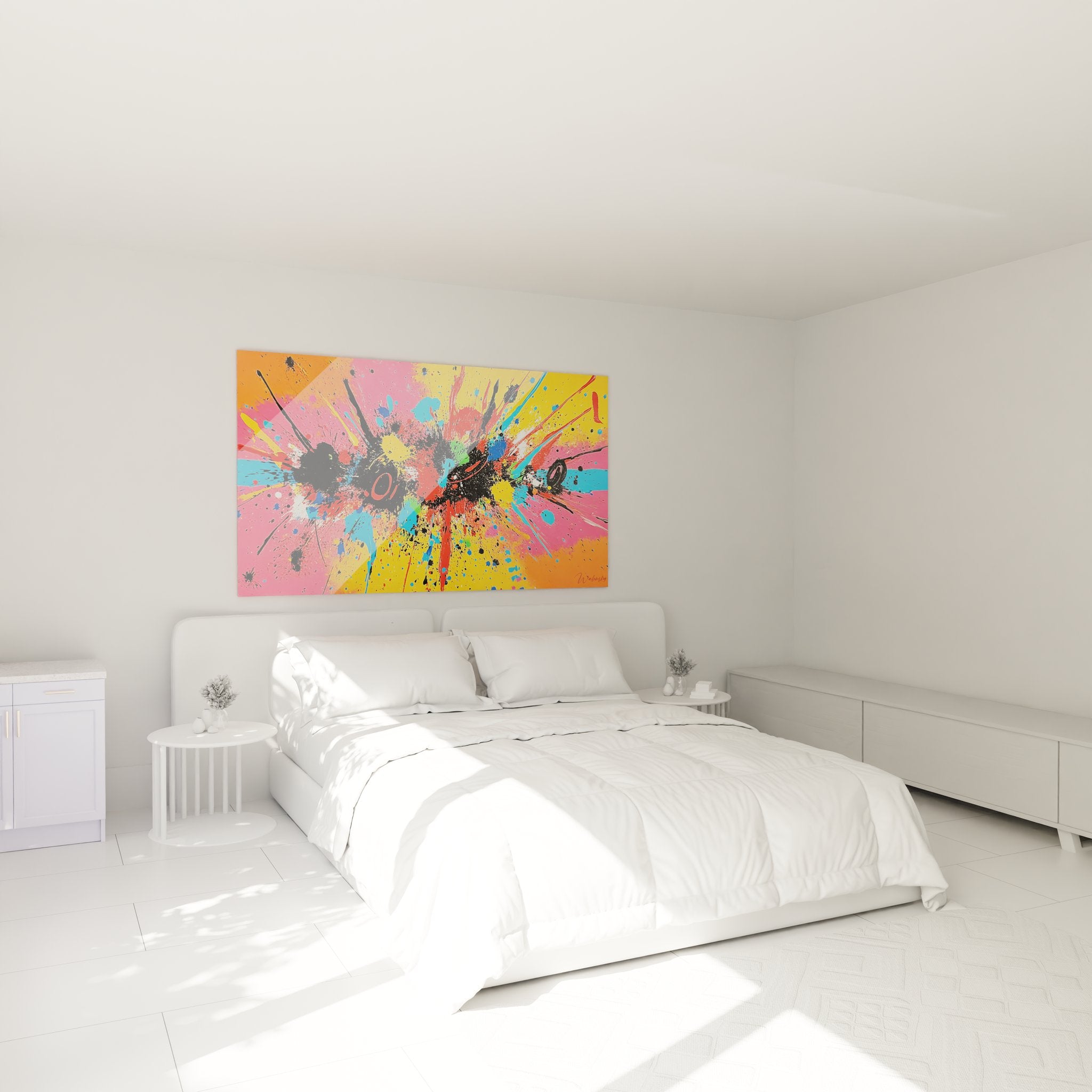 Tableau mural explosion couleurs abstraite décorant une chambre moderne