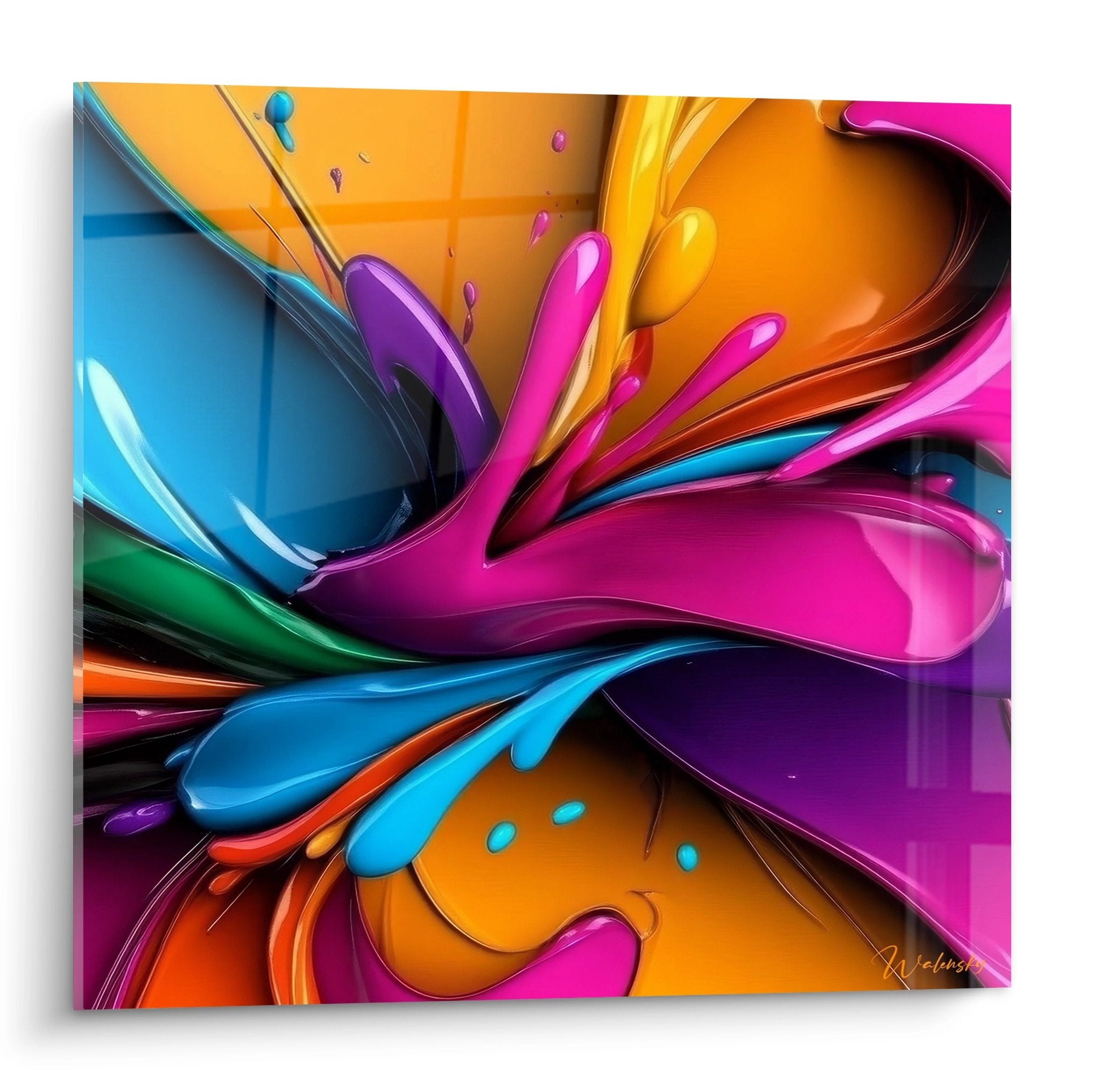 Tableau mural explosion couleurs liquides style abstrait éclaboussures roses oranges bleues