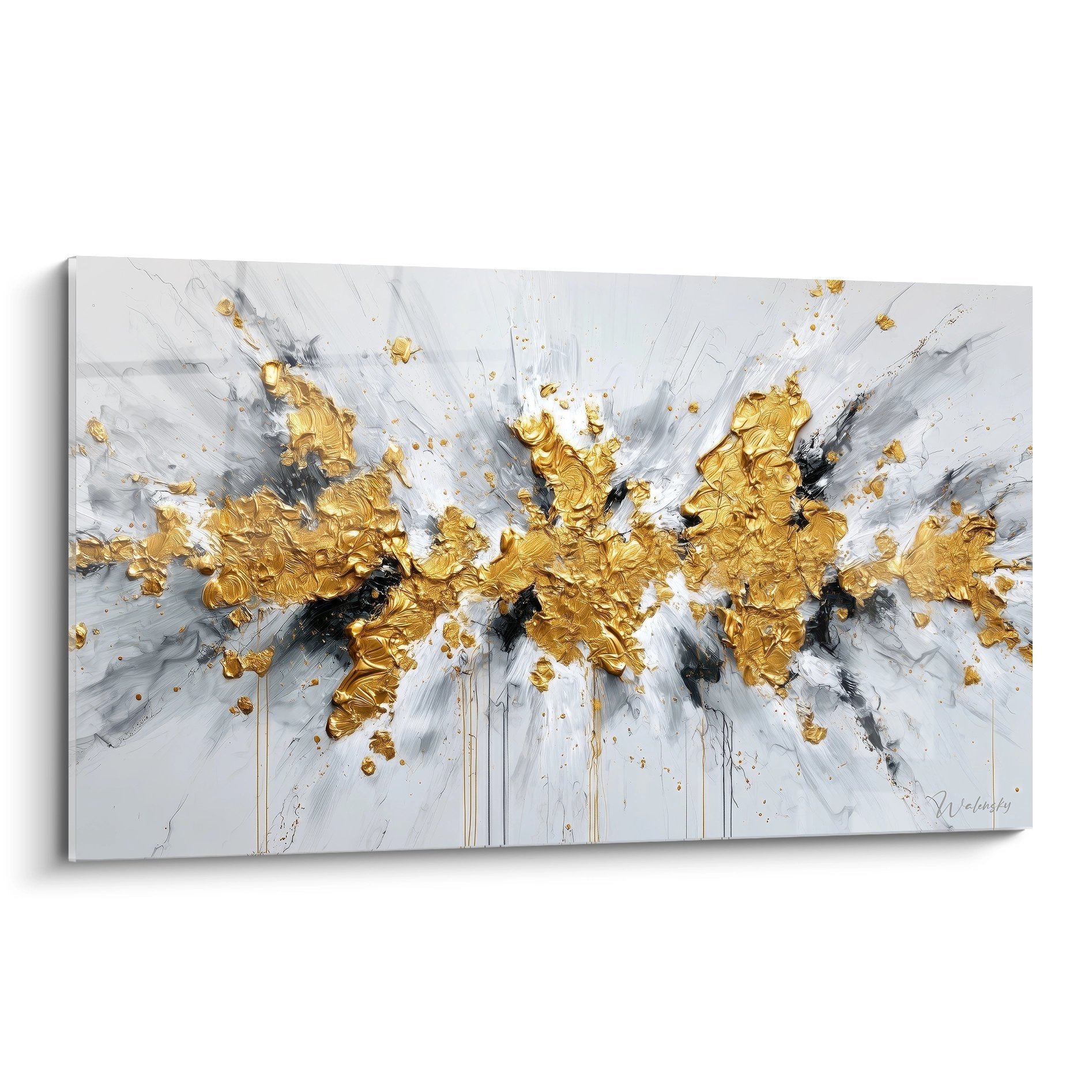 Tableau abstrait moderne explosion dorée sur fond blanc et gris avec éclats métalliques texturés