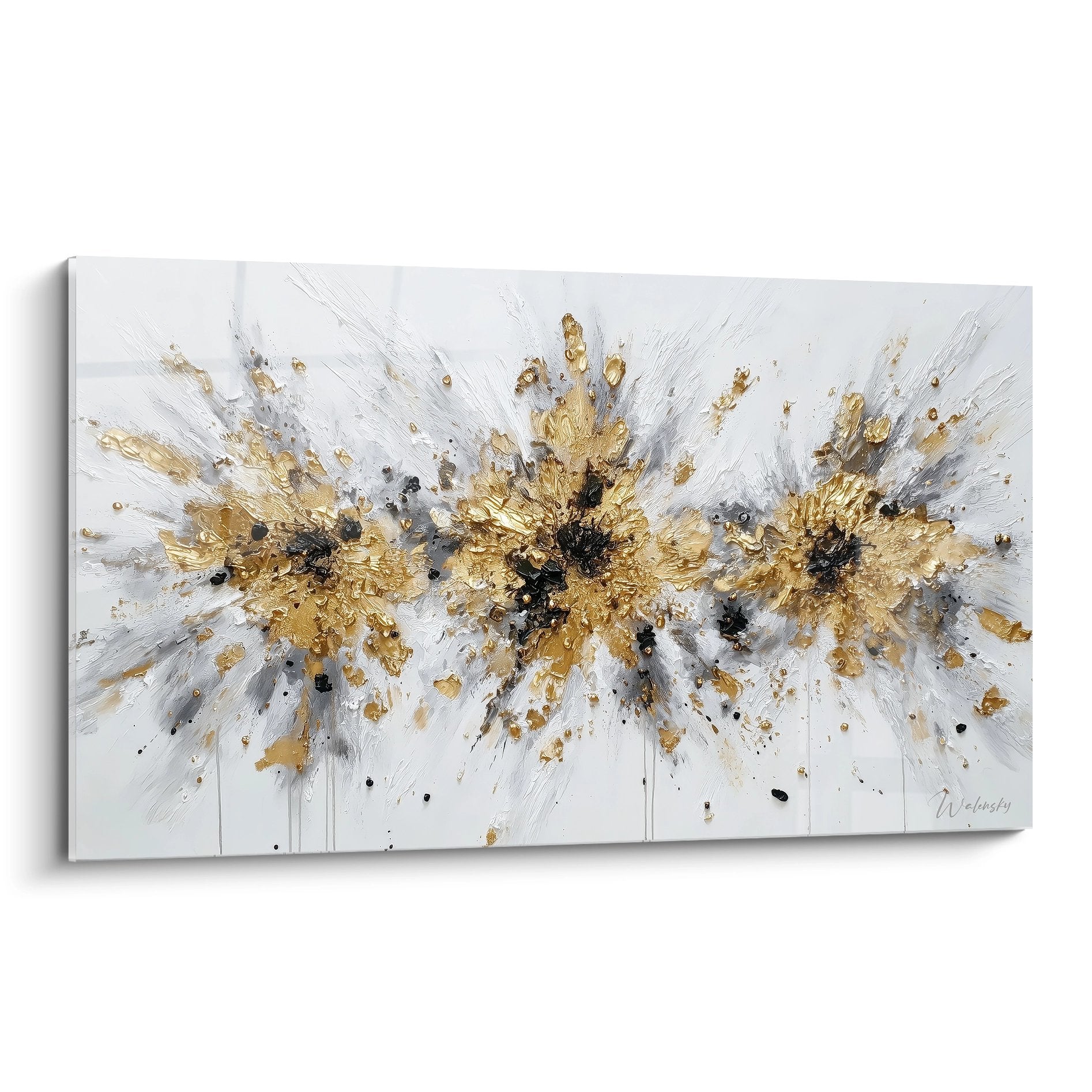 Tableau abstrait moderne explosion dorée sur fond blanc avec éclats métalliques et projections noires dynamiques