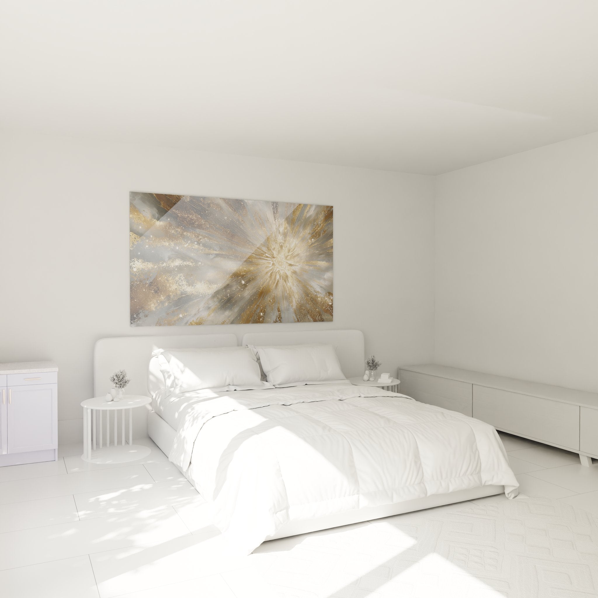 Ambiance chambre avec tableau explosion dorée moderne créant atmosphère chaleureuse et sophistiquée