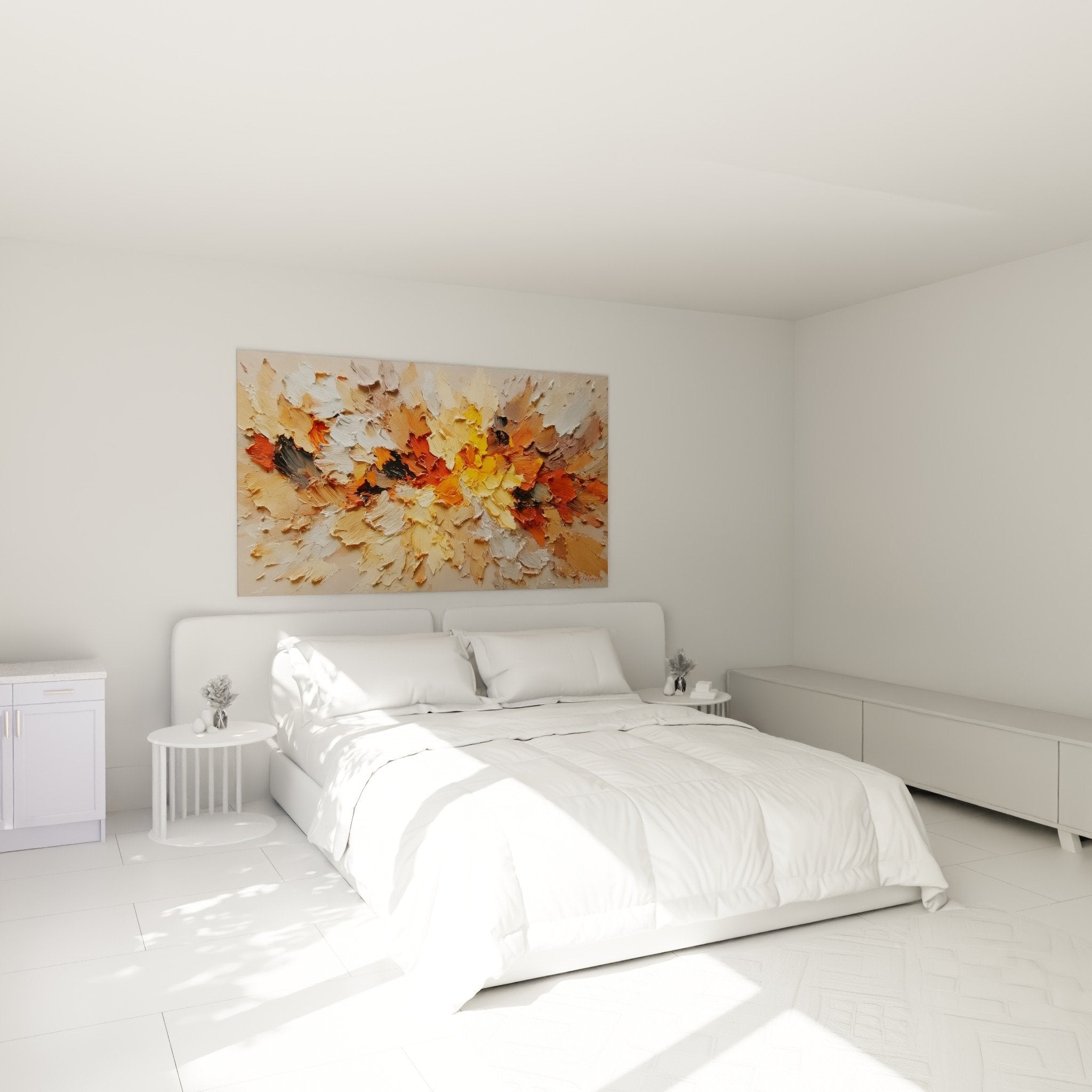 golden explosion abstract wall art beige bedroom warm colors cozy atmosphere