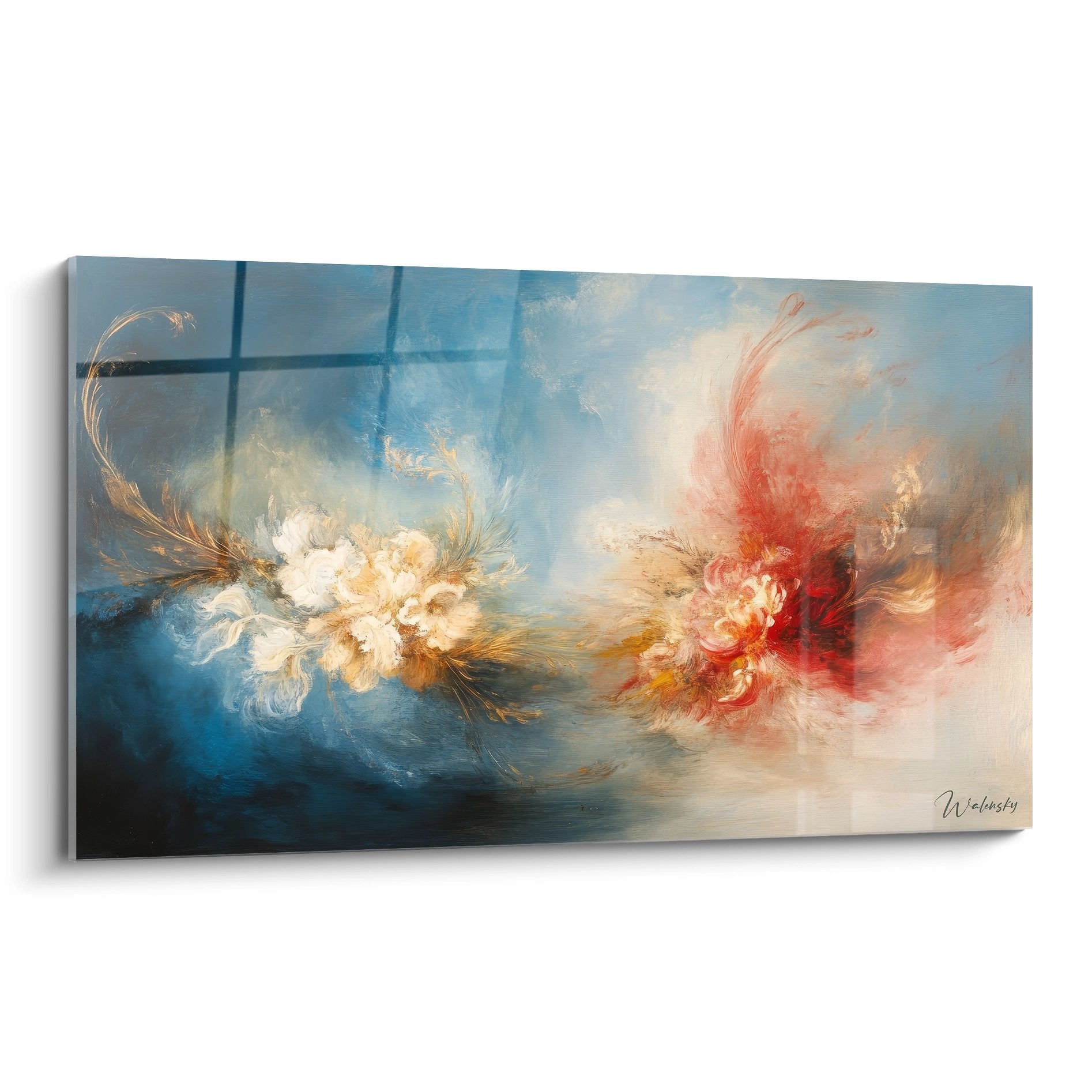 Tableau mural explosion florale abstraite aux couleurs vives rouge orange et bleu pour décoration moderne