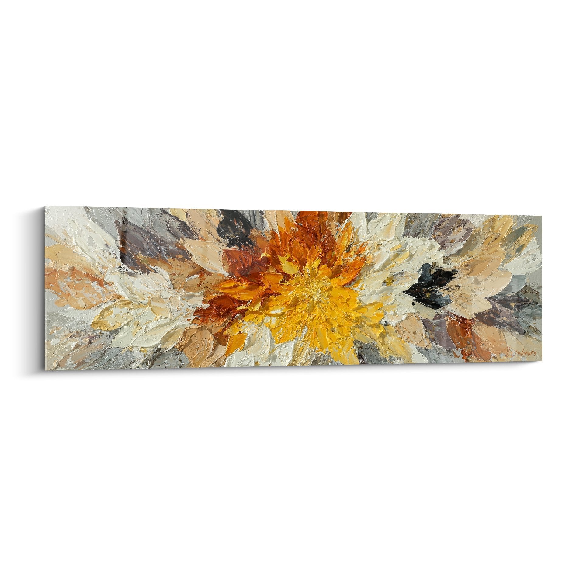 Tableau explosion florale abstraite jaune orangé centre rayonnant tons neutres feng shui centre terre