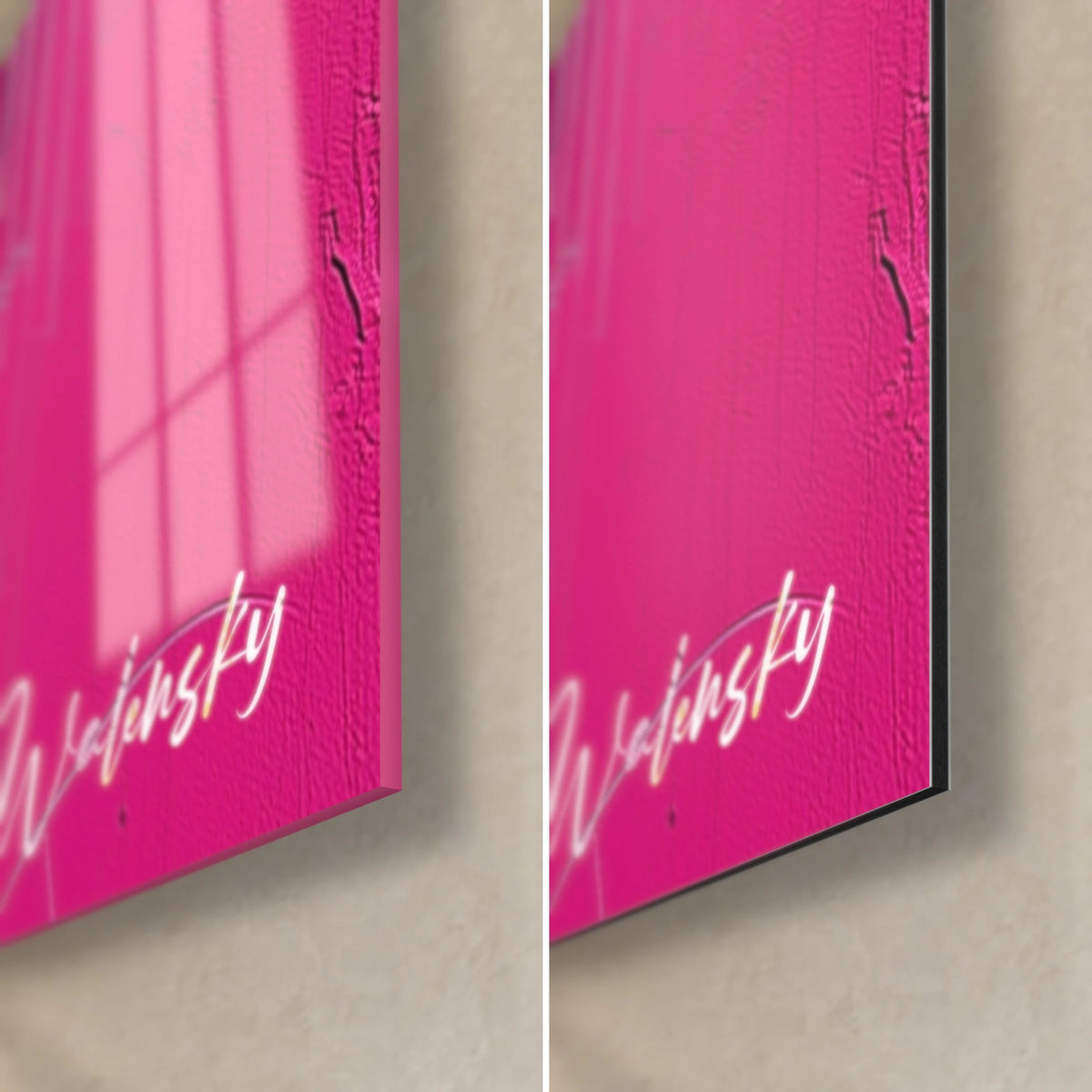 Quadro frammenti fucsia su giallo, angolo in basso a destra: vetro acrilico lucido con riflessi, Dibond nero opaco, bordo da 3 mm