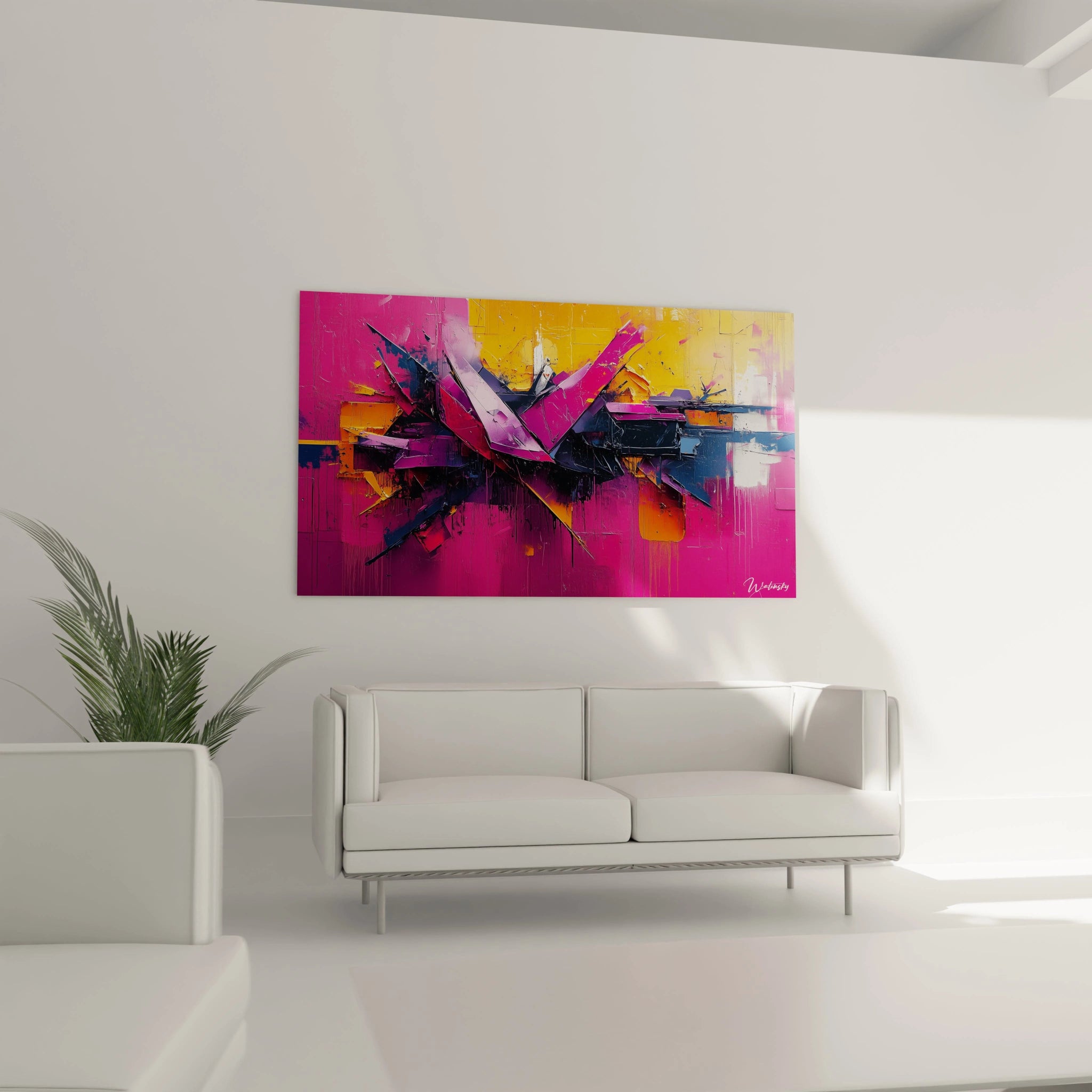 Un tableau abstrait contemporain captivant par sa palette chromatique intense de rose fuchsia et orange doré, structuré par des formes géométriques fragmentées et des lignes expressives, offrant une texture en relief avec des empâtements prononcés et des transitions de couleurs fluides.