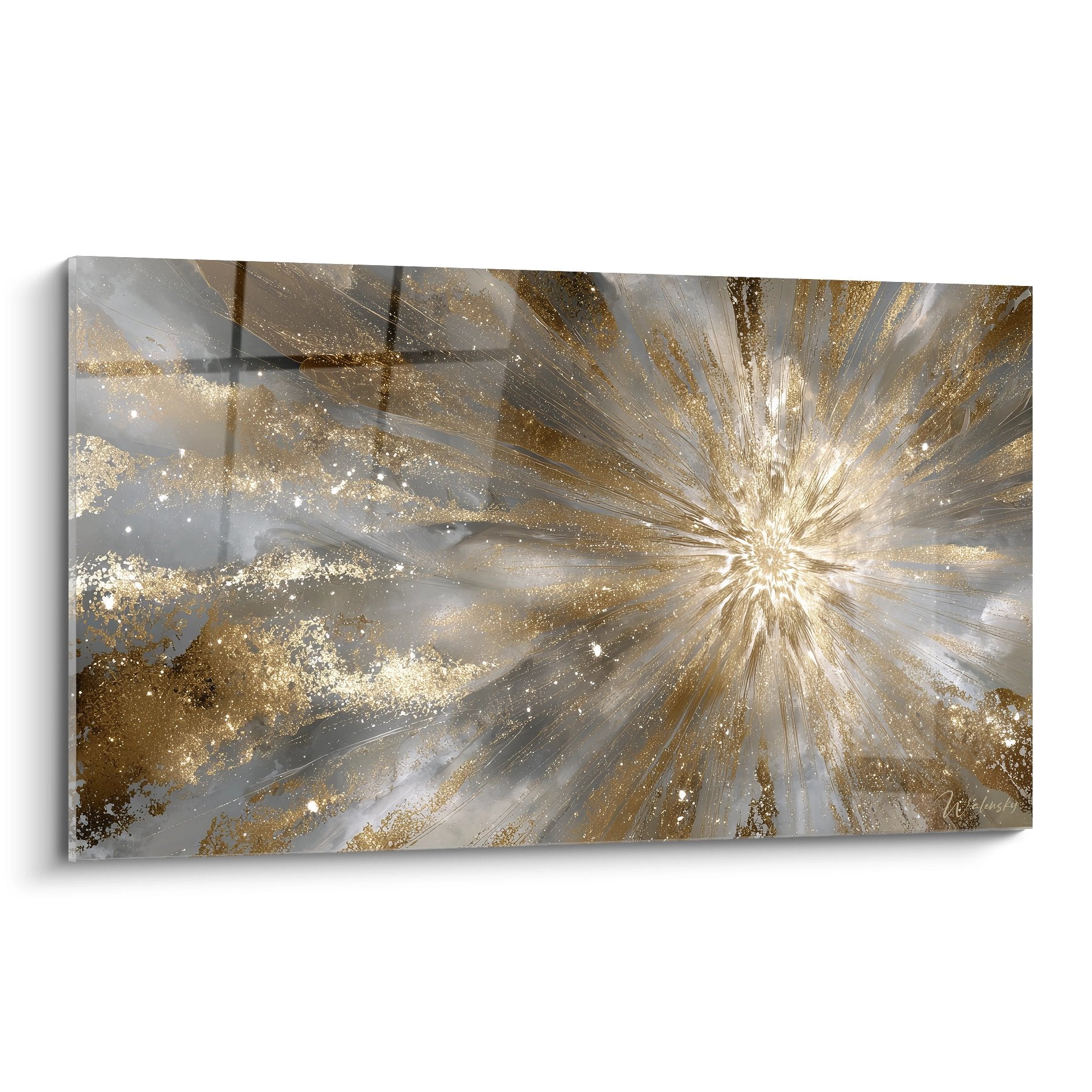 Tableau mural abstrait explosion de lumière dorée avec rayons lumineux et particules scintillantes