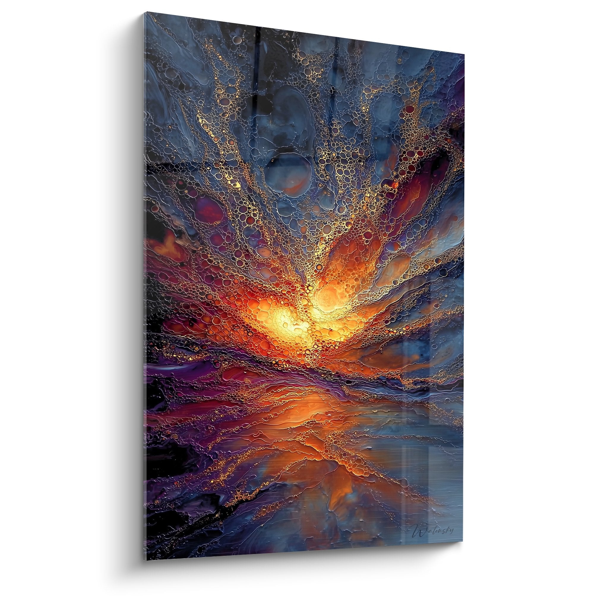 Golden light explosion painting golden rays solar cosmic blue organic bubbles feng shui southeast wood