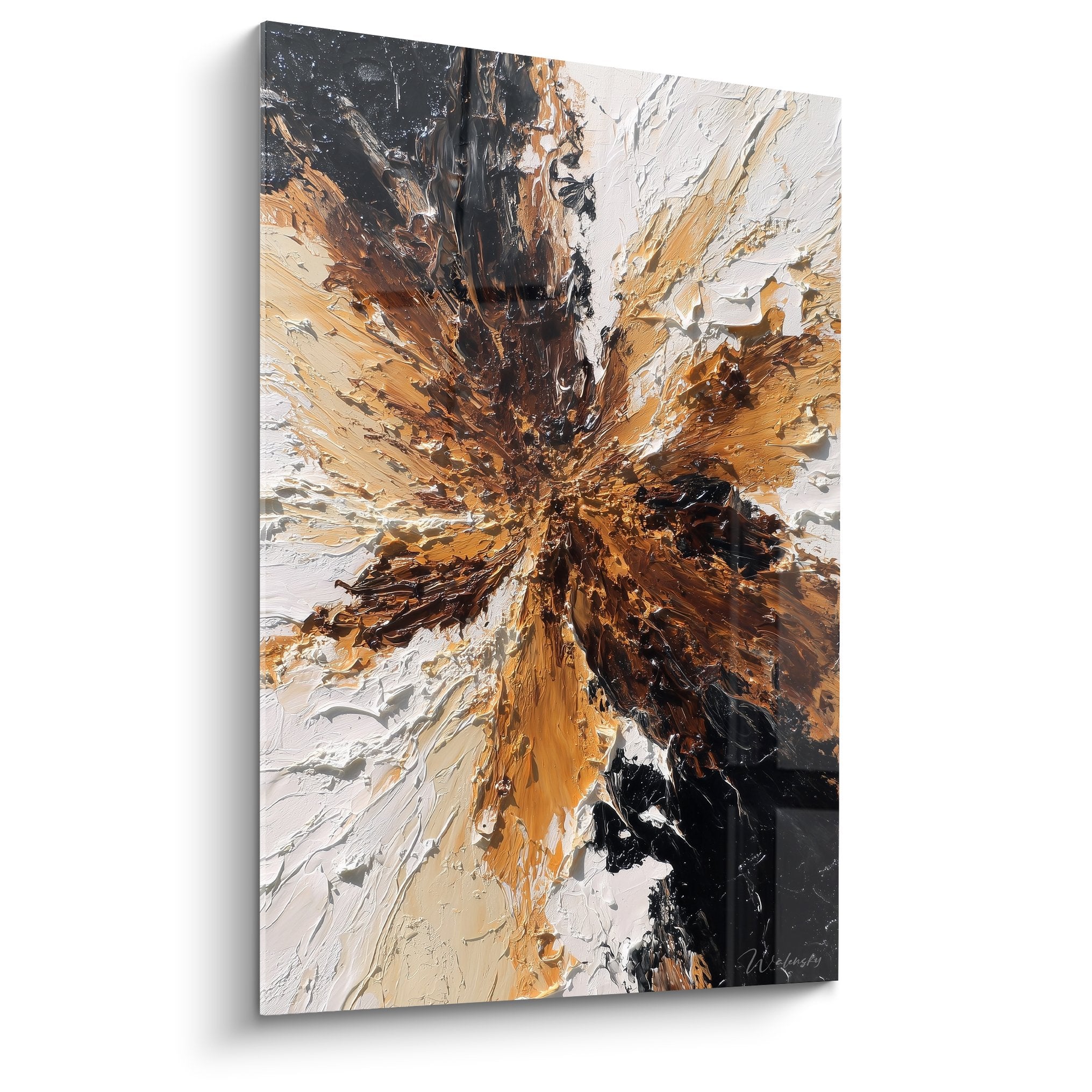 Tableau abstrait explosion couleurs ocre bronze noir sur fond blanc texture empâtement Feng shui Nord-Est Terre