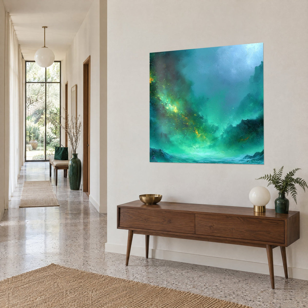 Gemälde Sternenhimmel in Mintgrün und blassem Blau über schwarzen Klippen, pastose Farbaufträge, über einer Flurkommode