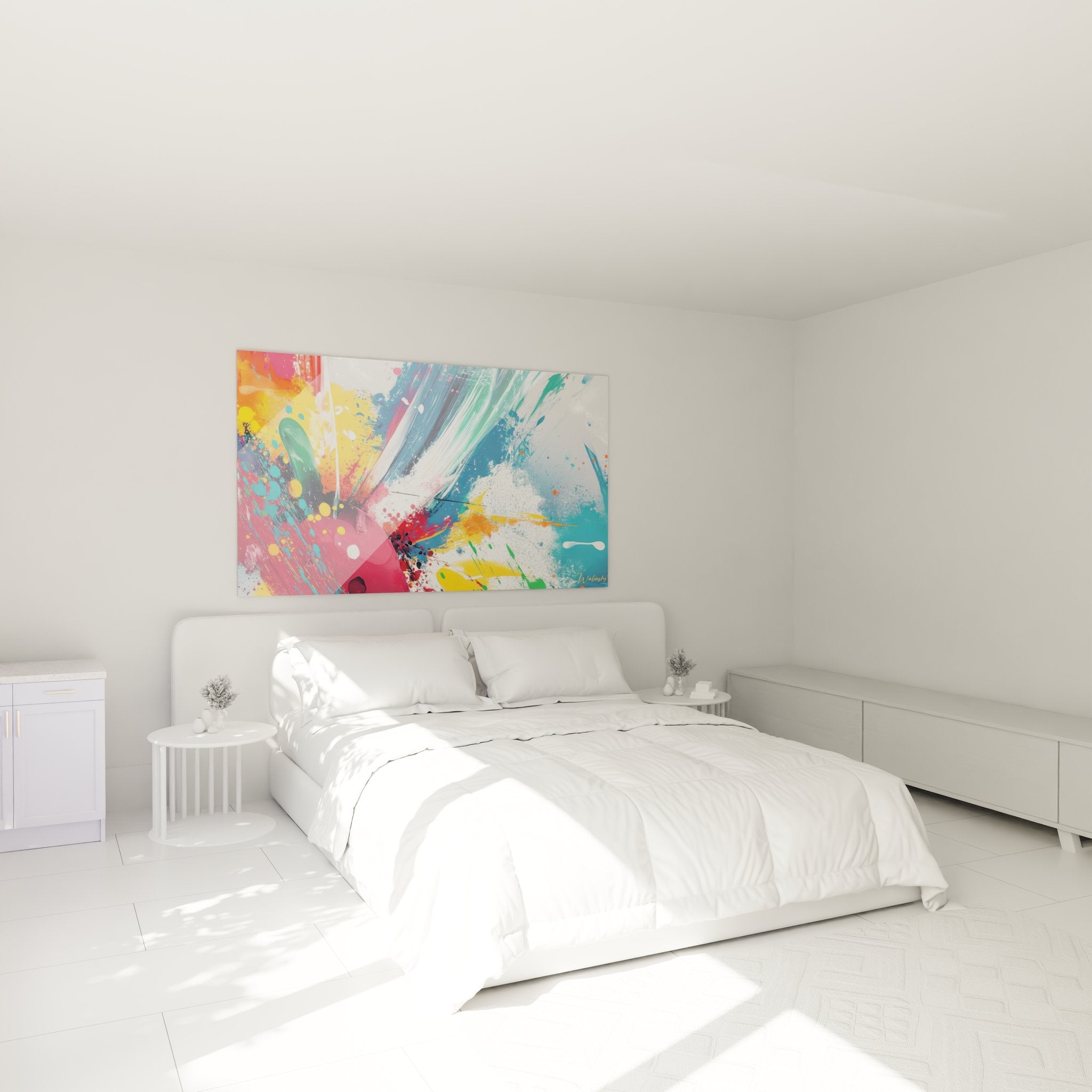 Tableau mural explosion colorée dans décoration chambre moderne avec art abstrait contemporain