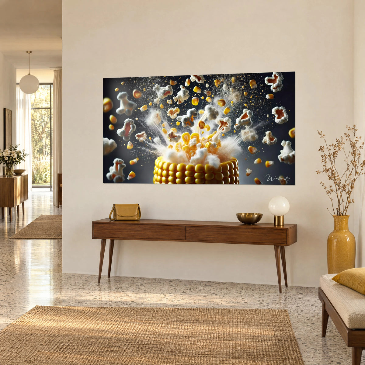Tableau épi doré explosant en flocons de pop-corn crème et poudre blanche, vu de trois-quarts au-dessus d'une console en bois