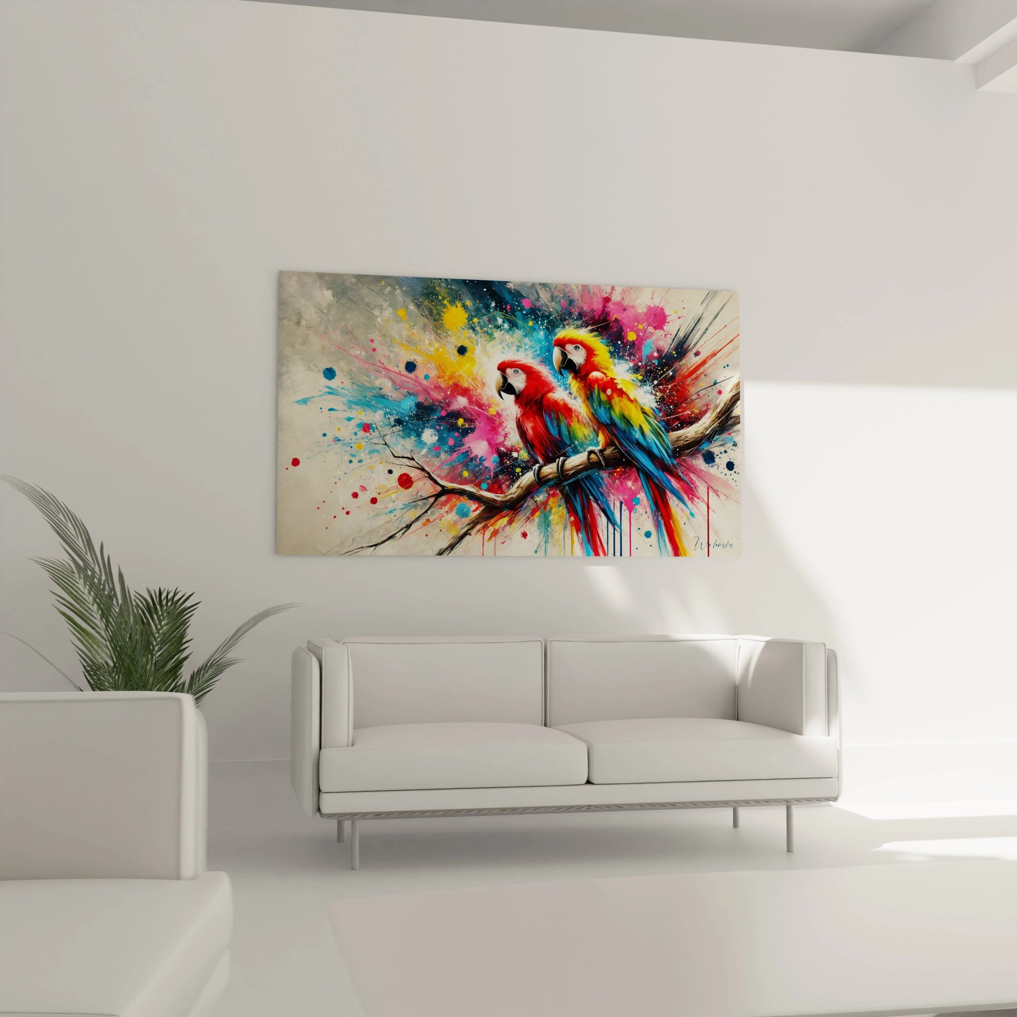 Sublimez votre salon avec ce tableau perroquet accroché au-dessus du canapé. Son mélange de figuratif et d’abstrait, avec ses tons vibrants, dynamise instantanément tout intérieur moderne.