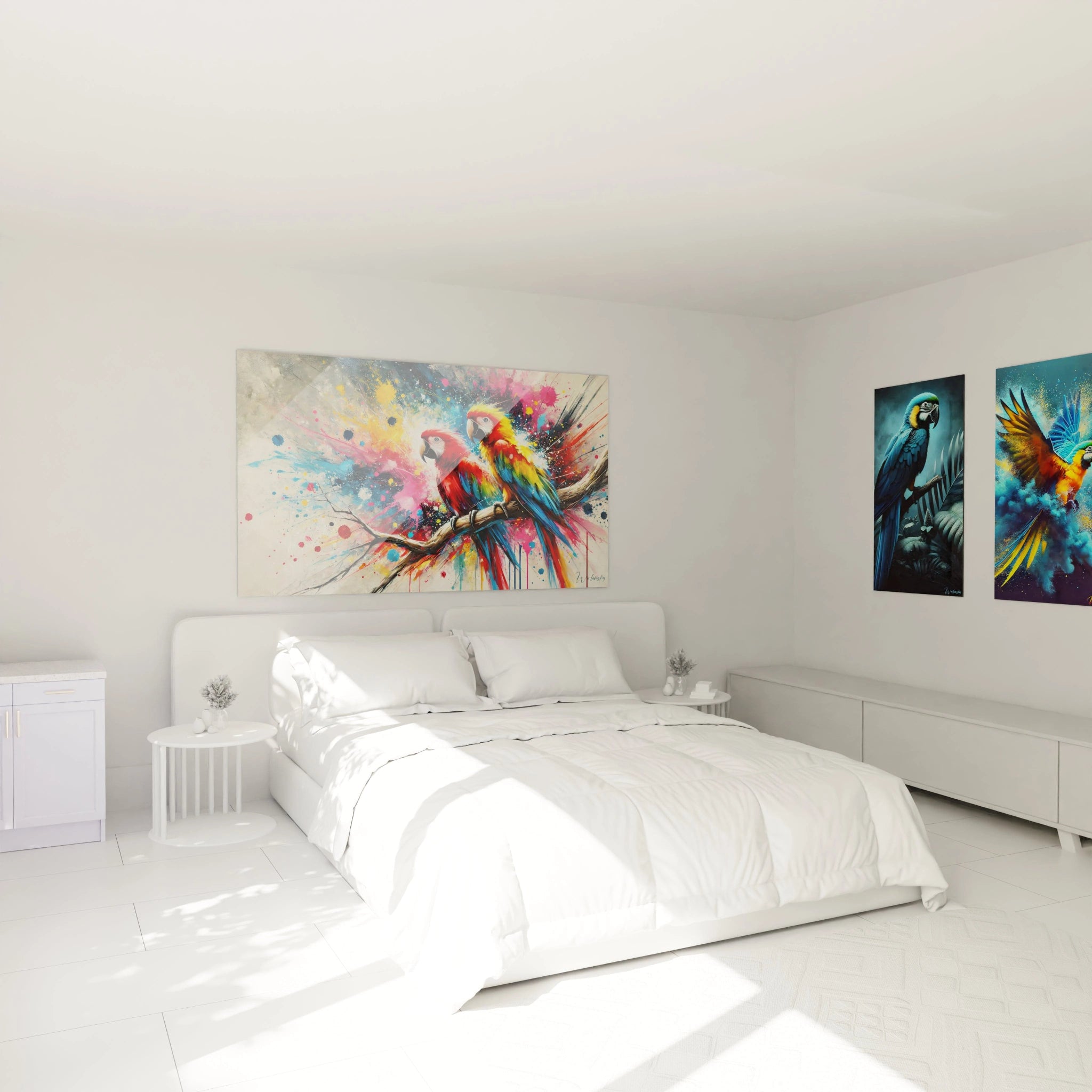 Ajoutez de la vie à votre chambre avec ce tableau perroquet accroché au-dessus du lit. Les nuances éclatantes des perroquets apportent une touche d’énergie et d’exotisme à votre décor.