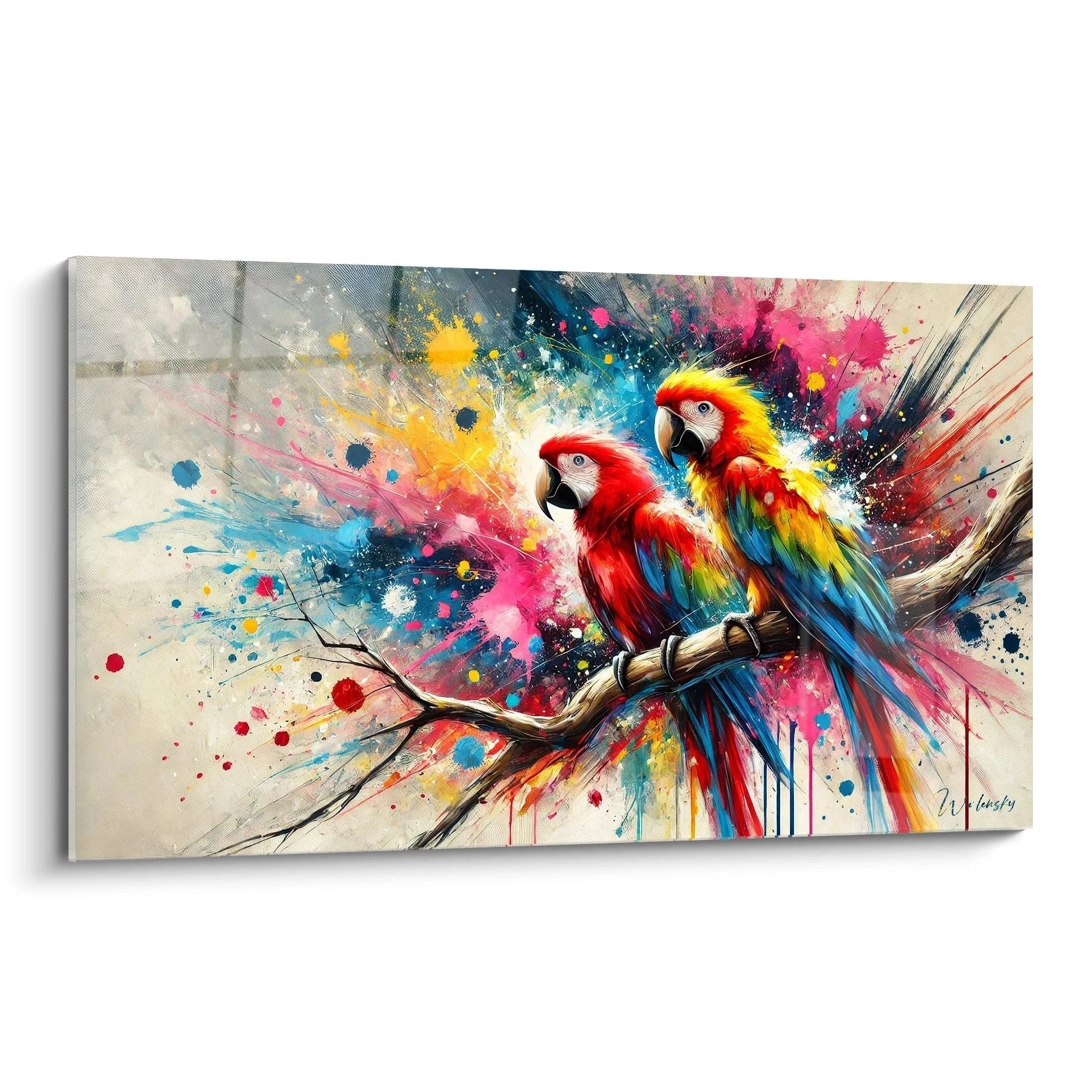 Découvrez ce tableau perroquet vibrant vu de biais. Les couleurs intenses des perroquets sur fond abstrait créent un contraste saisissant, parfait pour dynamiser n’importe quel espace.