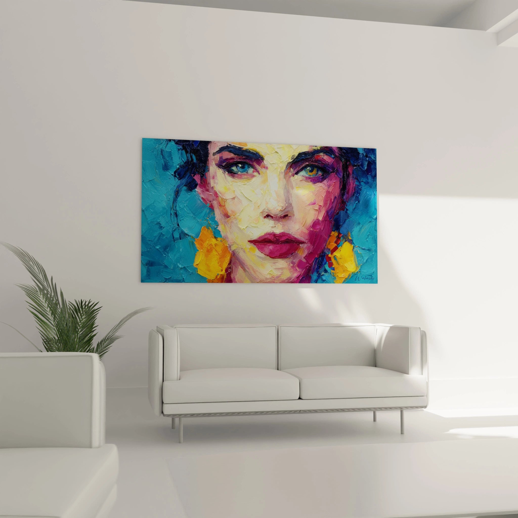 Tableau mural visage mode moderne avec des couleurs vives accentuant le portrait artistique