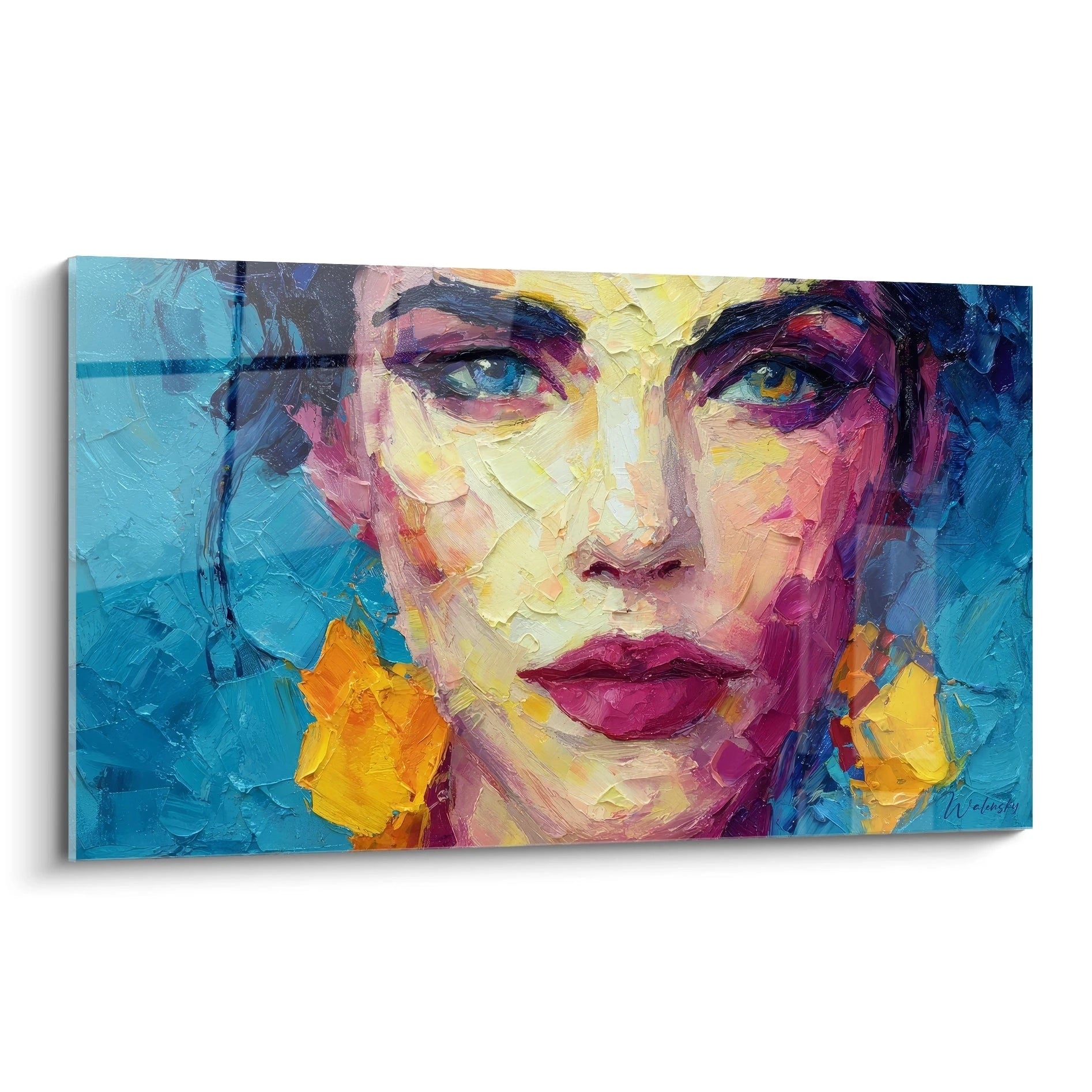 Tableau visage mode moderne avec des couleurs vives et un portrait artistique d'une femme expressive